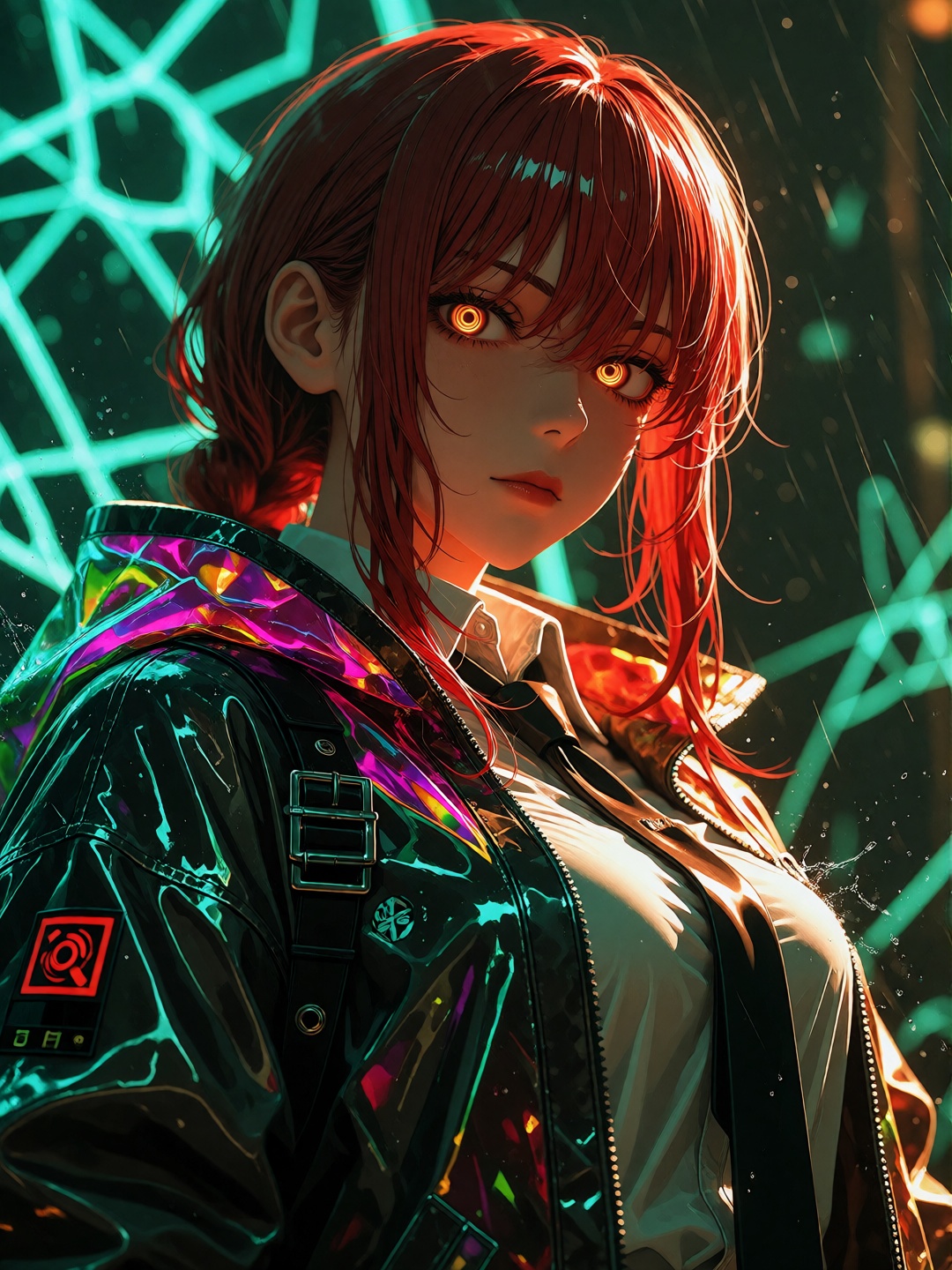 This is a highly stylized,  AI-generated digital artwork featuring a character with a striking cyberpunk aesthetic. Here a...