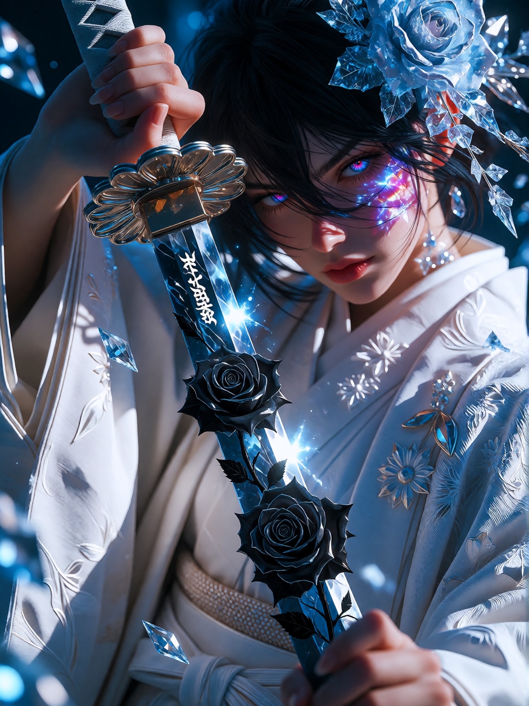 This image have to be a high-quality piece of digital fantasy art. * **Subject:** A character with dark hair,  tall ,  sex...