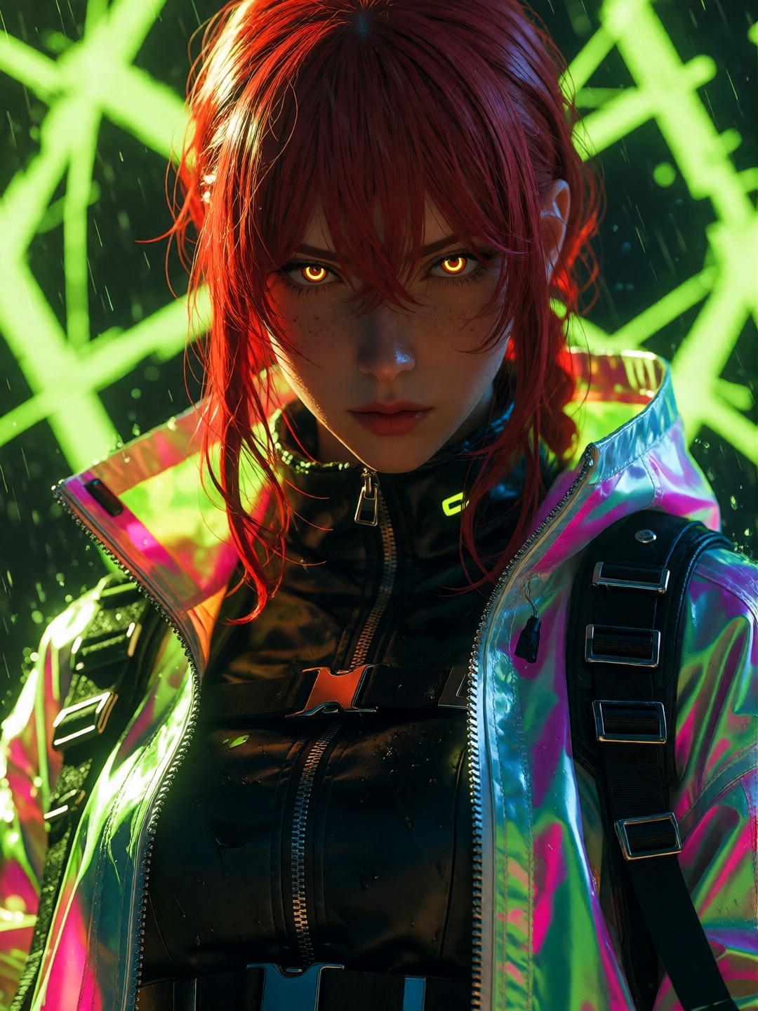 This is a highly stylized,  AI-generated digital artwork featuring a character with a striking cyberpunk aesthetic. Here a...