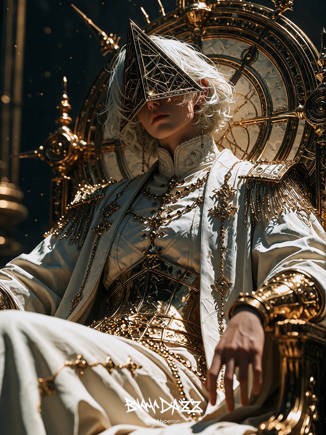 This image features a striking,  high-fantasy portrait of a regal,  androgenous character with white hair on Tensor.Art