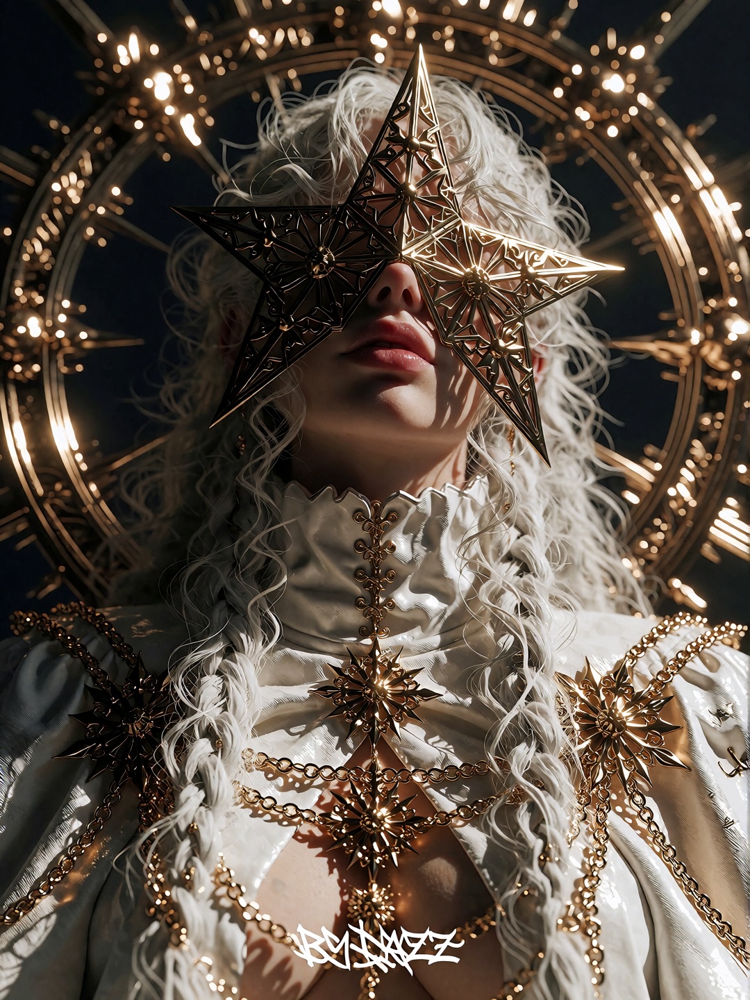This image features a striking,  high-fantasy portrait of a regal,  androgenous character with white hair on Tensor.Art