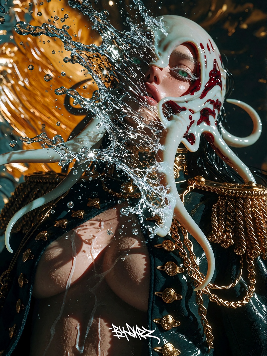 This image is a striking piece of digital art that blends fantasy,  surrealism,  and baroque aesthetics. Here are a few ob...