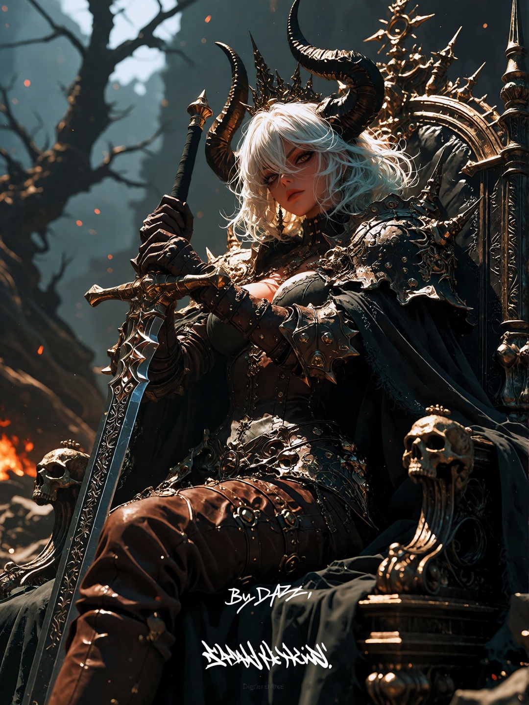 ((Dazz-Hyperion.)) Fantasy art,  a powerful dark queen with elaborate large golden horns on her head,  pale glowing hair o...