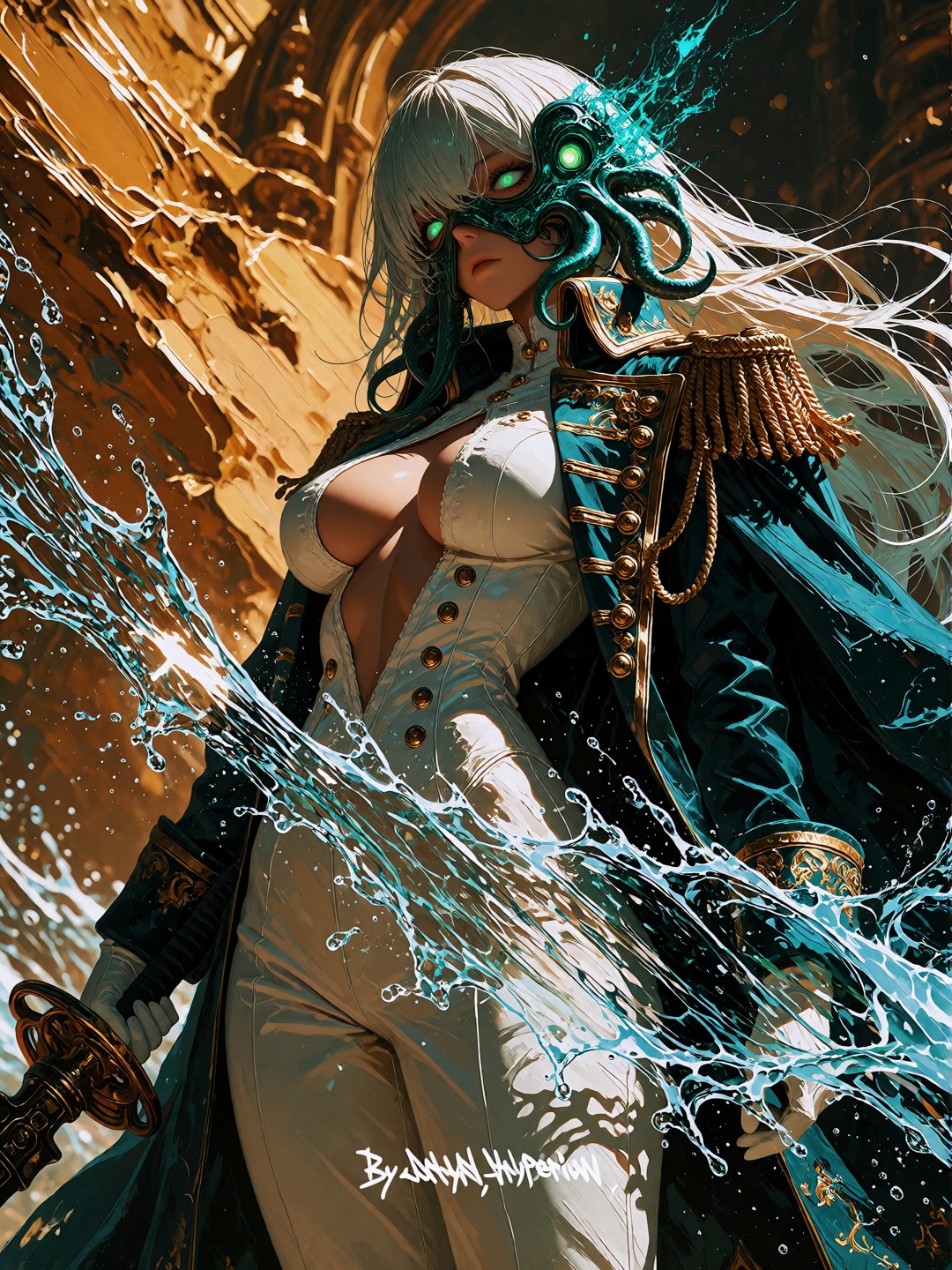 This image is a striking piece of digital art that blends fantasy,  surrealism,  and baroque aesthetics. Here are a few ob...