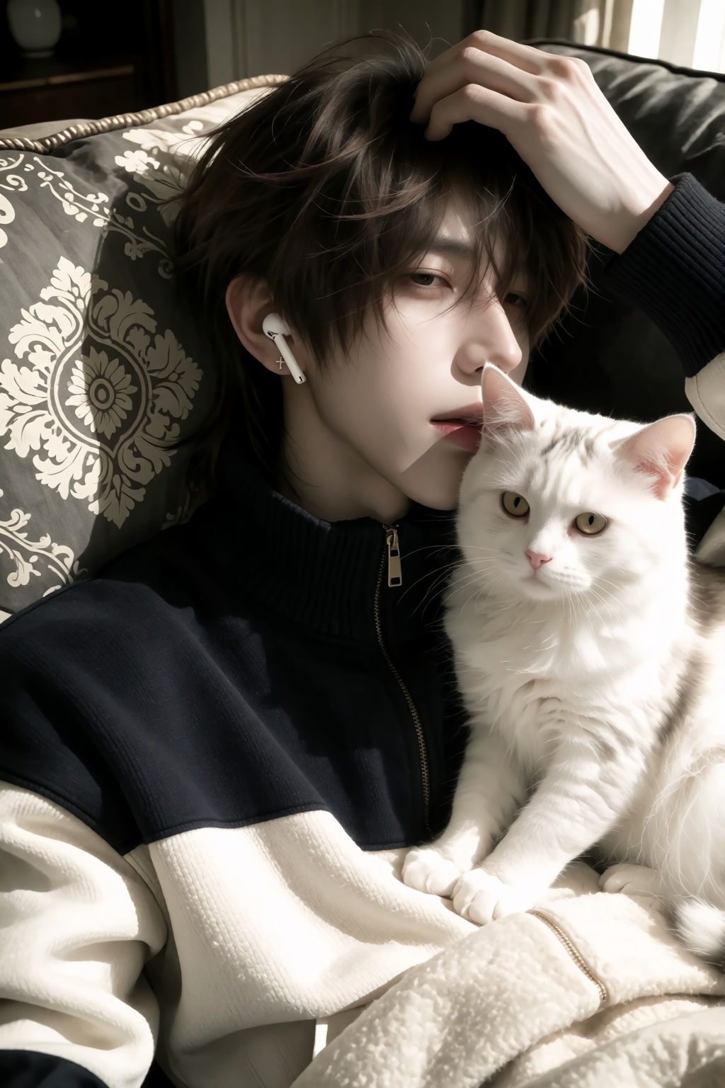 Candid high-angle phone selfie of a young East Asian man lying on a dark sofa,  white cat sitting on his chest,  face turn...