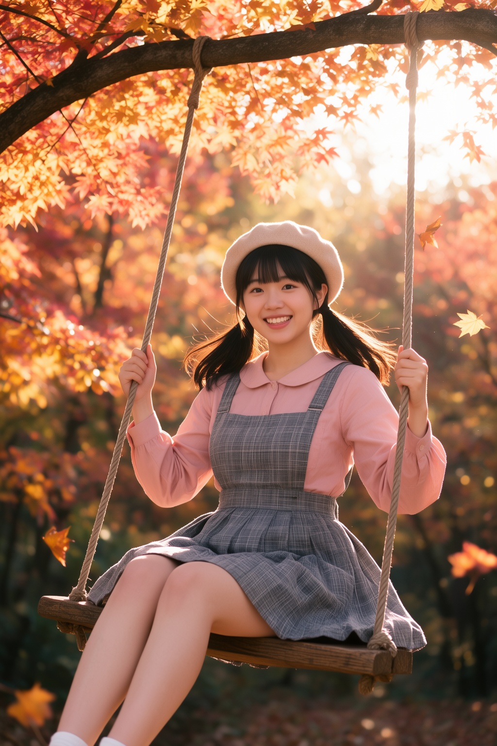 Japanese-style portrait photography of an young East Asian woman,  black hair in low twin tails with neat straight blunt b...