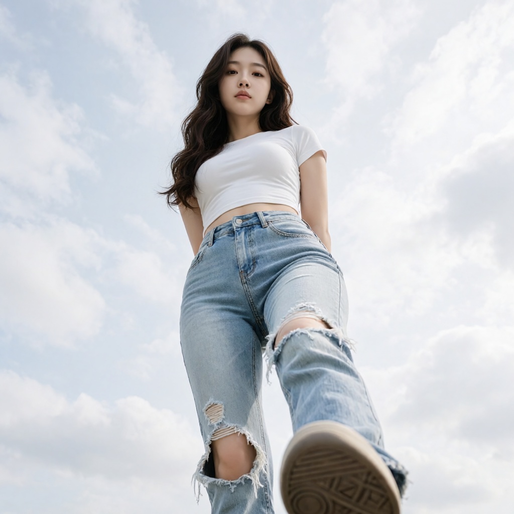 An extreme low-angle perspective,  worm's-eye view photograph of a young East Asian woman standing outdoors. She has long,...