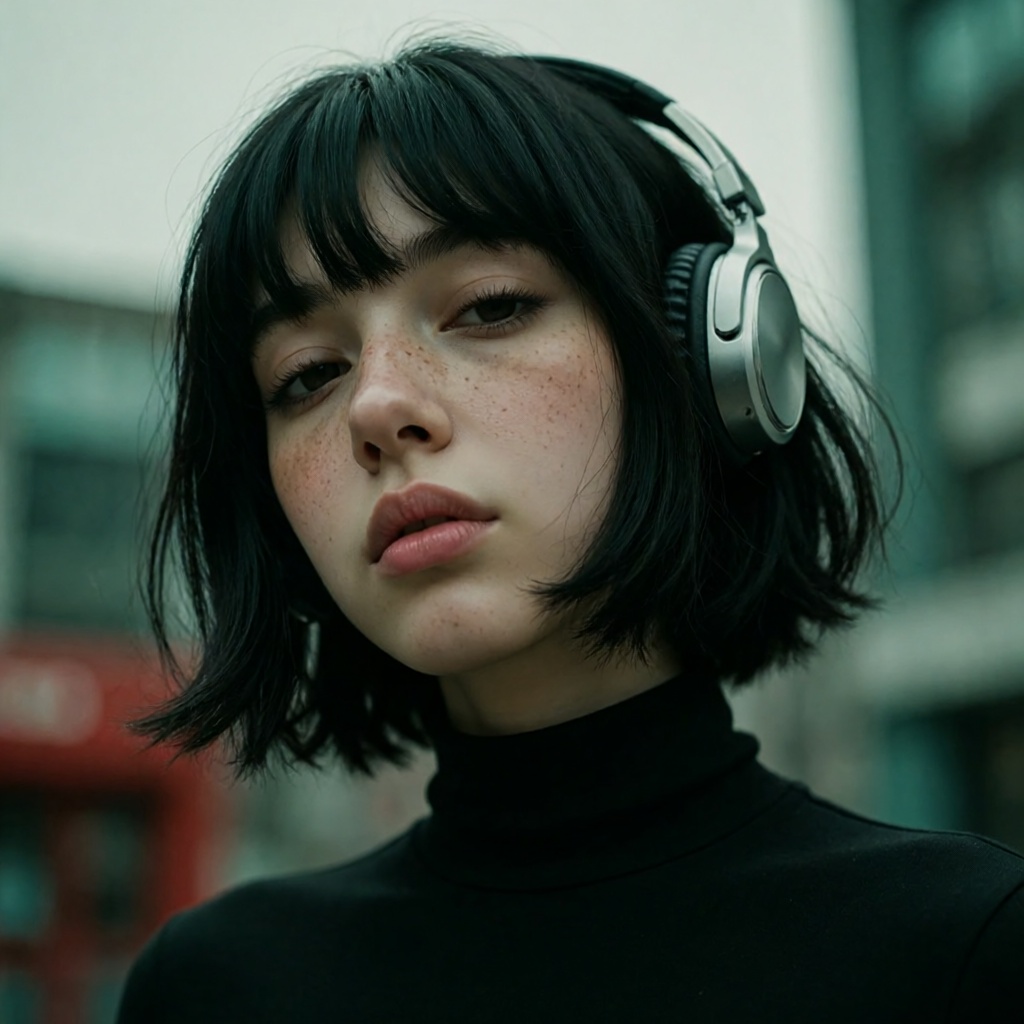A low-angle cinematic portrait of a young woman with a moody,  melancholic expression. She has short,  messy black bob hai...