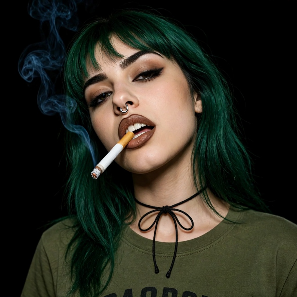 A gritty close-up portrait of a young woman with a rebellious,  alternative aesthetic. She has vibrant dark emerald green...