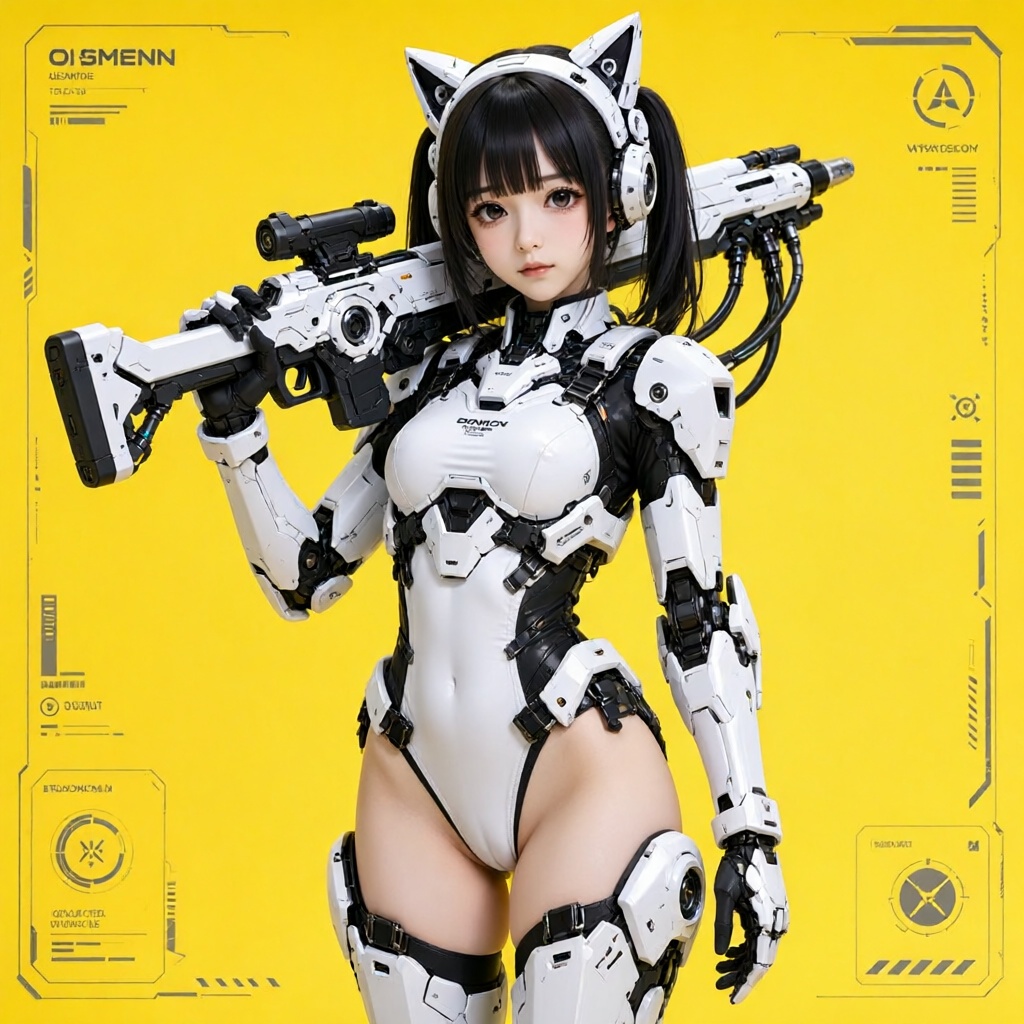 A three-quarter body portrait of a mecha musume anime girl character. The subject has dark hair with straight bangs and pi...
