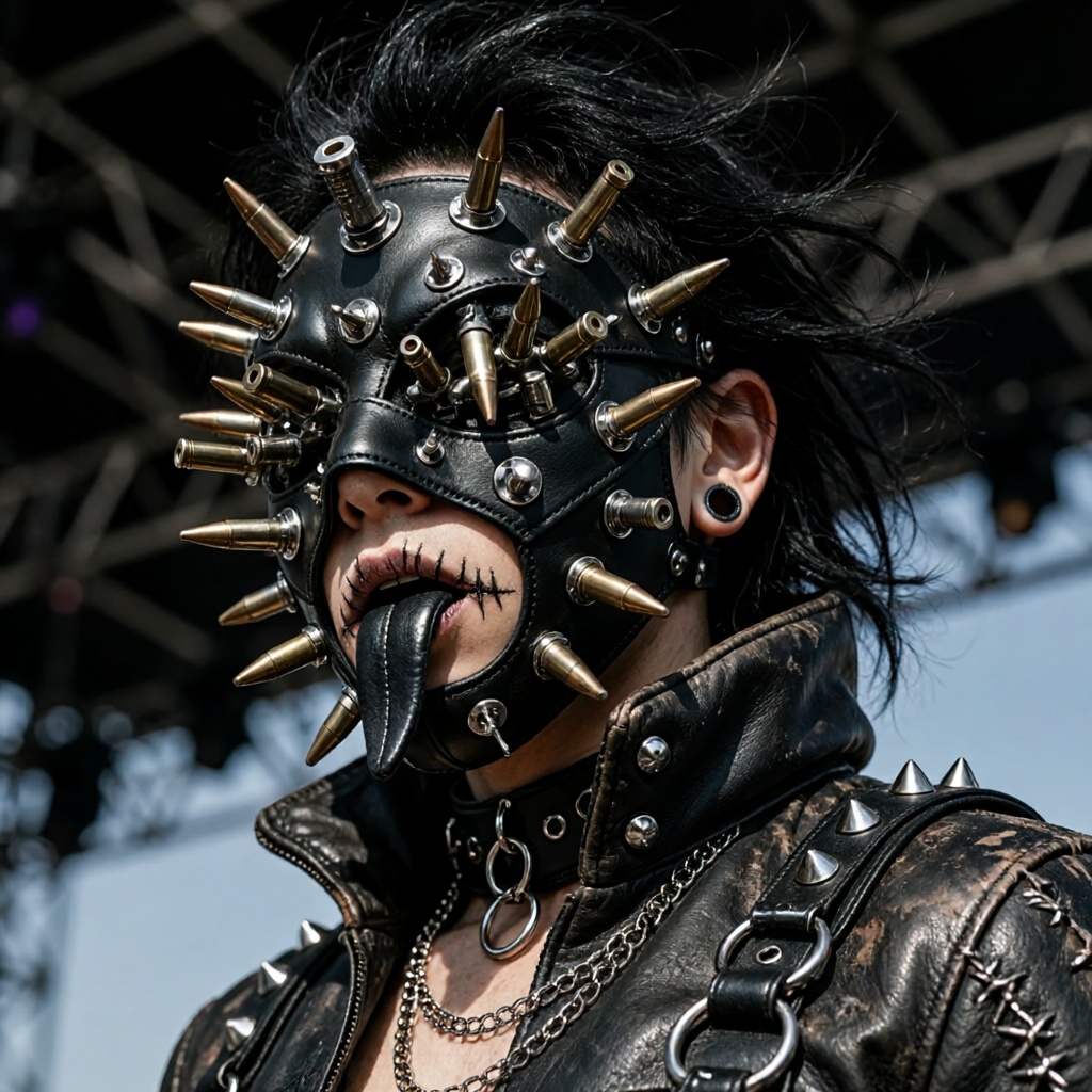 A close-up gritty portrait of an industrial goth cyber-punk character wearing a full leather face mask. The mask is constr...