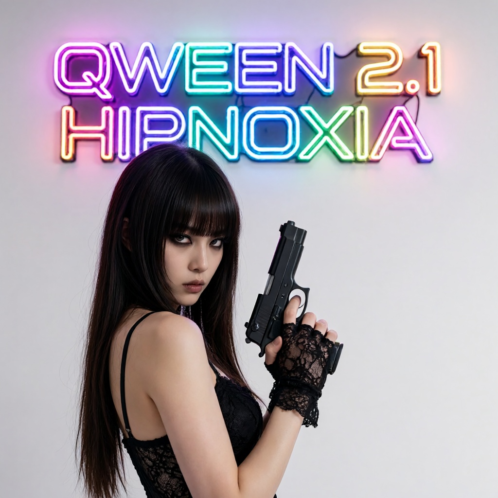 A dynamic cinematic portrait of a gothic alternative Asian woman holding a weapon. The subject has long,  straight dark br...