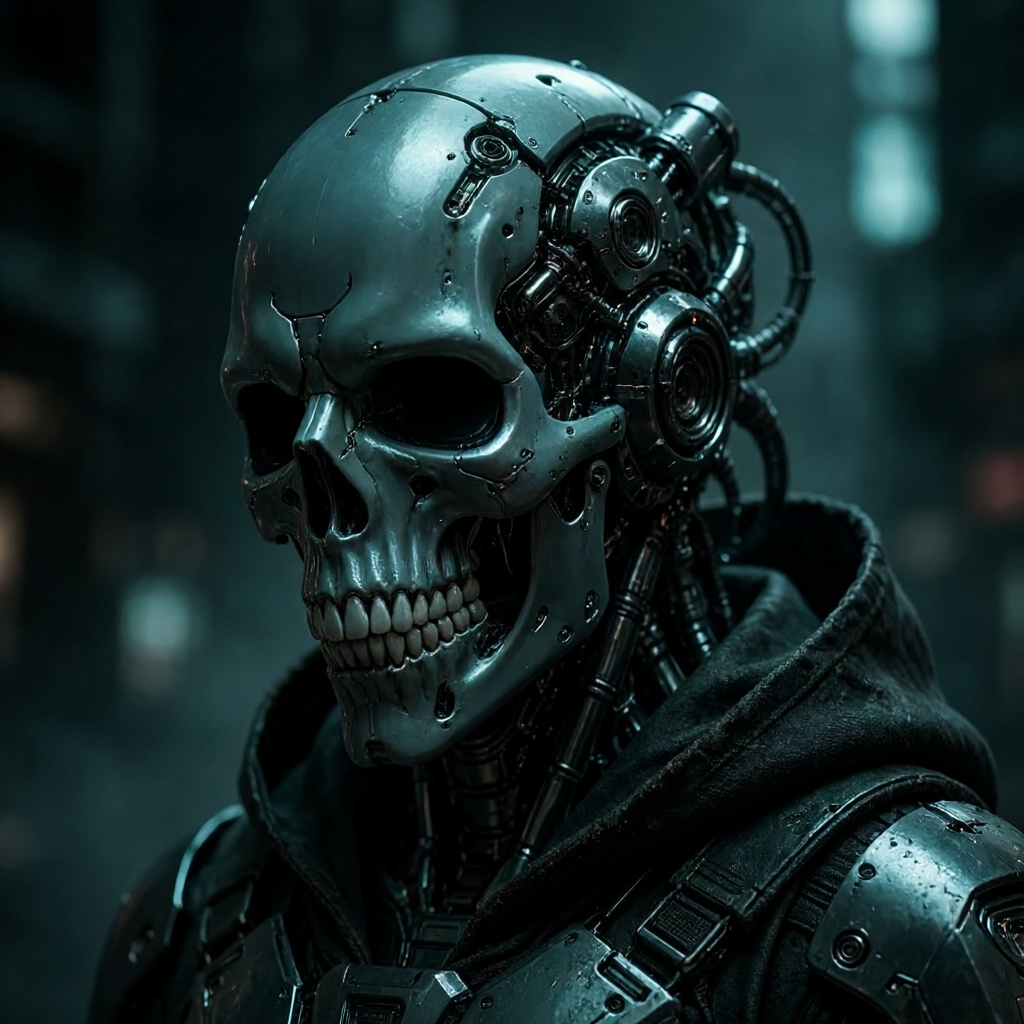 A dark,  biomechanical cyberpunk cyber-goth character portrait. The subject features a massive,  smooth teal-grey metallic...