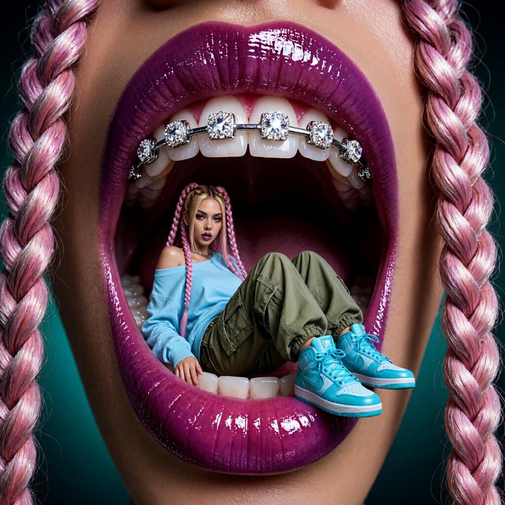 A high-fashion avant-garde surrealist concept art and striking commercial portrait. The image features a massive,  extreme...