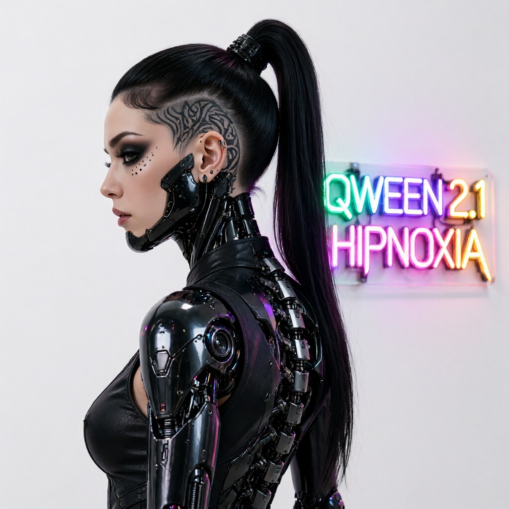 A side-profile cinematic portrait of a hyper realistic gothic cyberpunk cyborg woman. The subject has dark,  sleek hair st...
