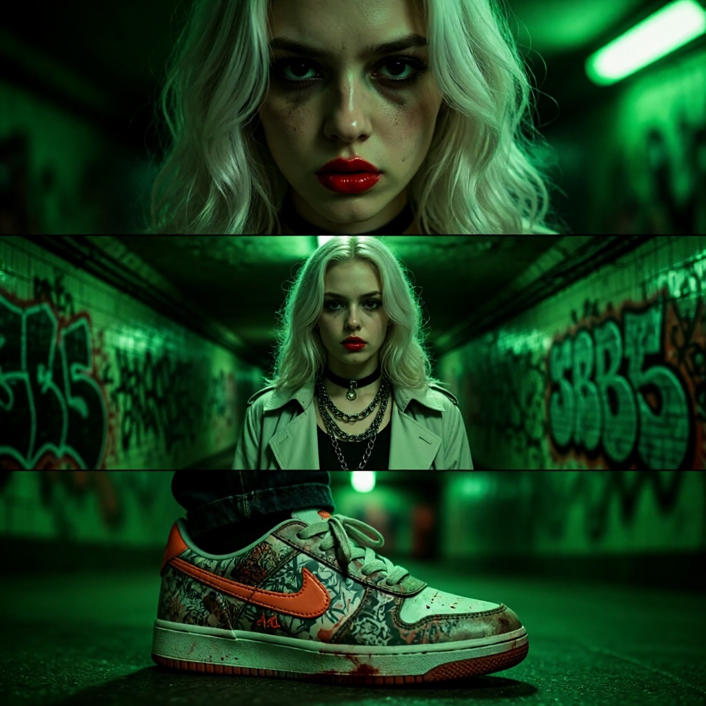 A cinematic multi-panel film triptych collage featuring three distinct vertical scenes from a moody urban thriller. The en...
