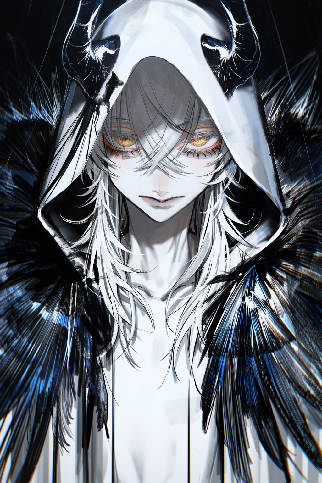 A haunting digital illustration features a pale,  androgynous figure with long,  messy white hair emerging from deep shado...