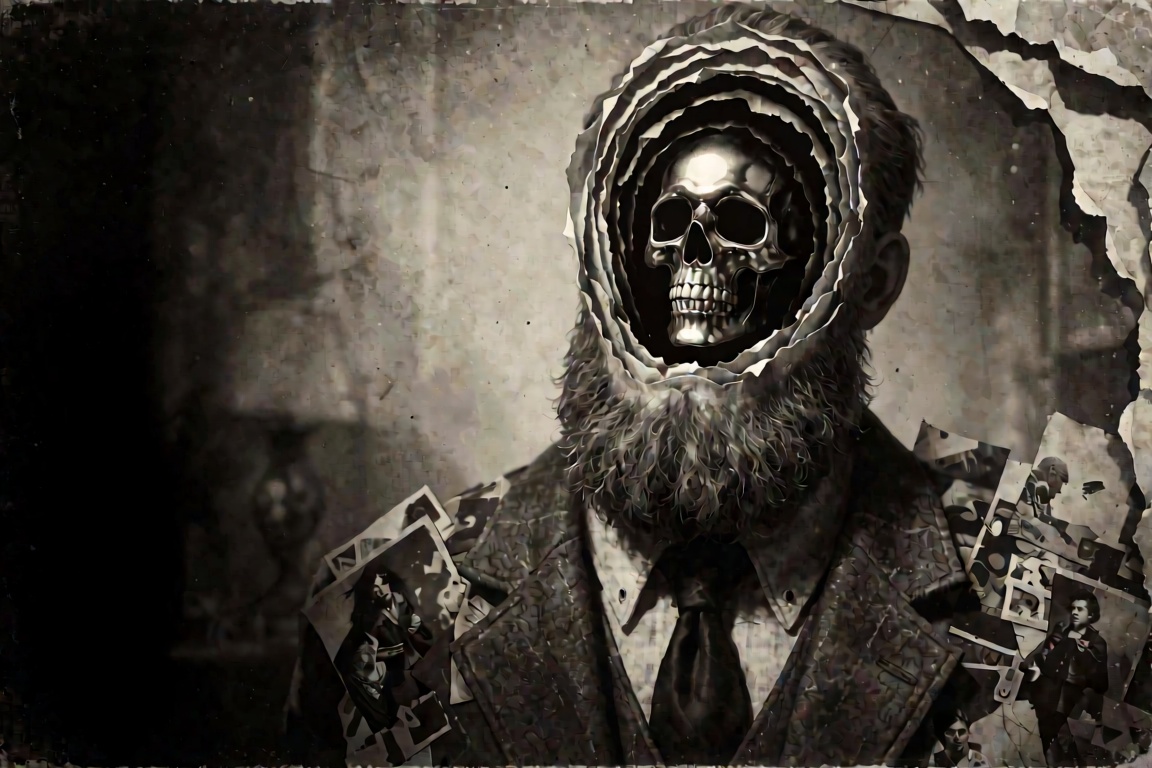 A male hollow-faced humanoid with a thick beard and a face torn open into a deep concentric spiral of ripped-paper edges s...
