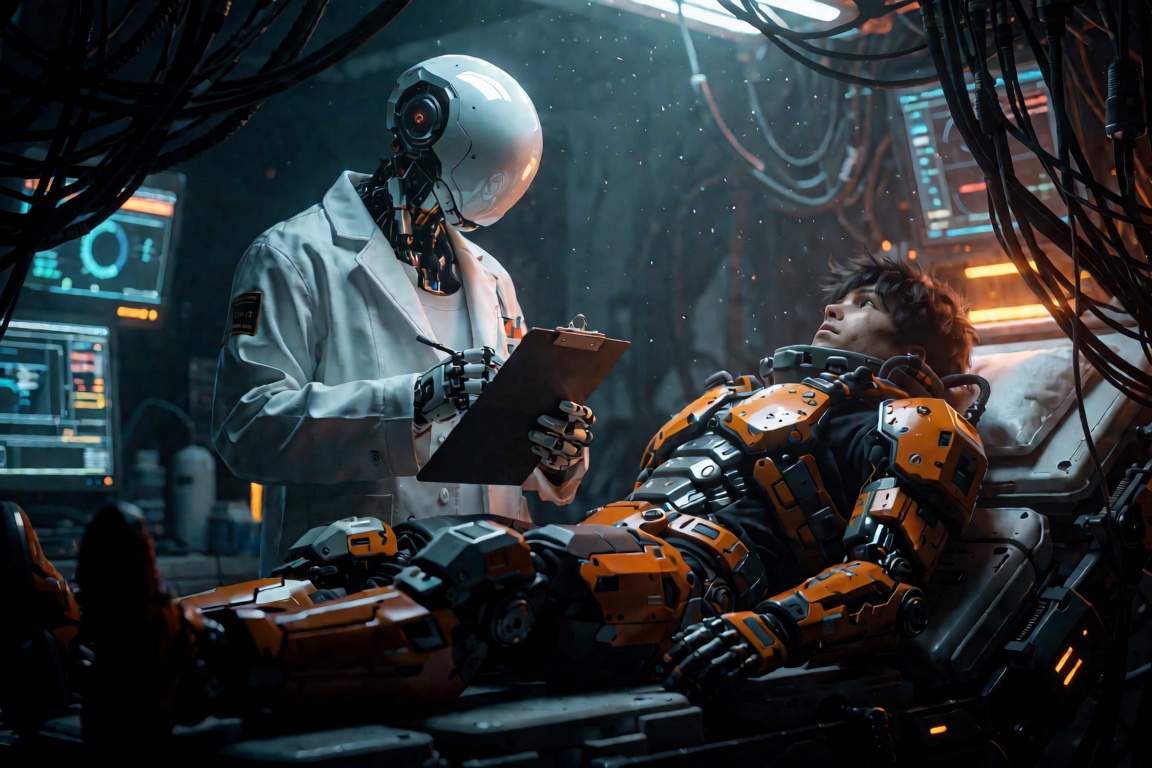 Prompt: A cinematic,  highly detailed sci-fi concept art piece. A humanoid robot with a smooth white,  orb-like head and e...