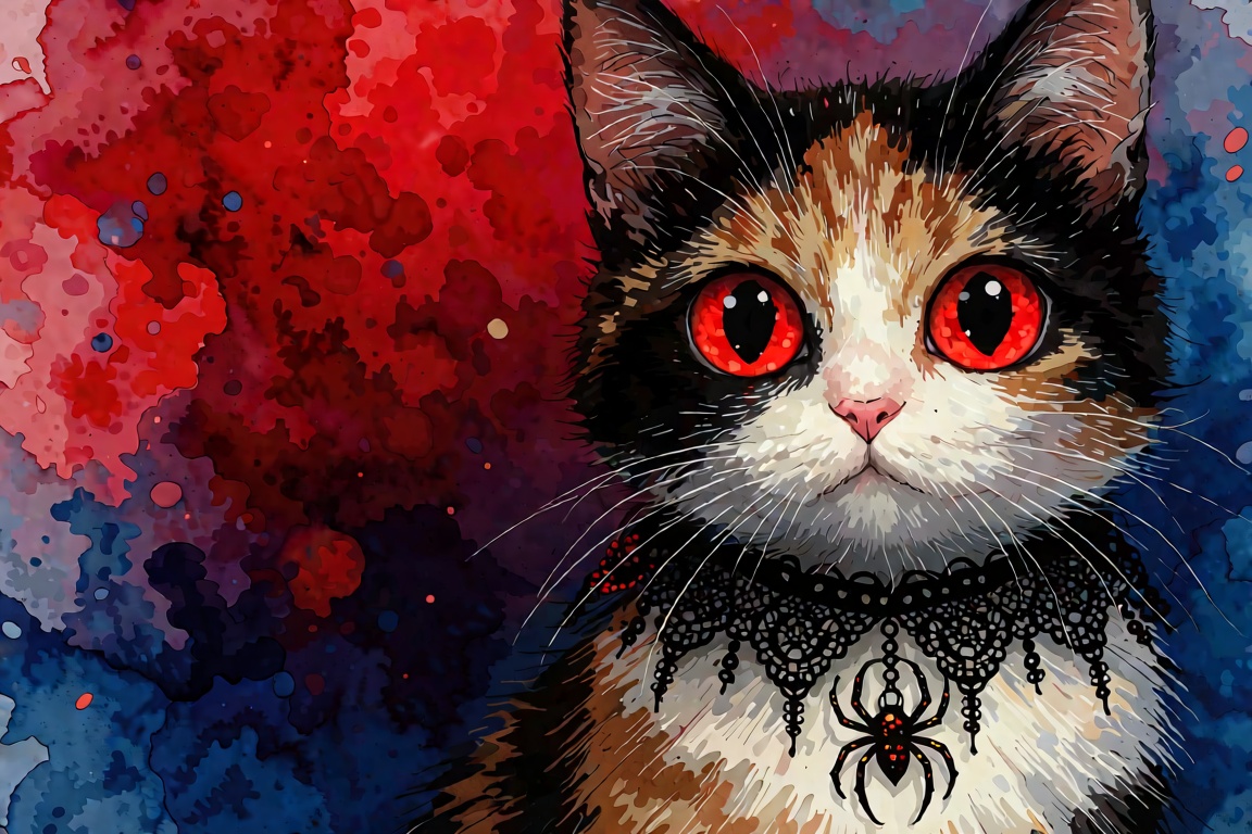 A female calico cat familiar with massive glowing red eyes and large black pupils wears a delicate black lace collar with...