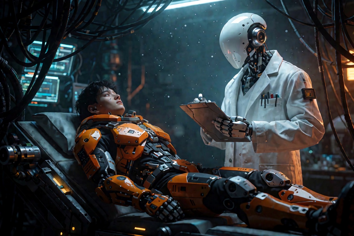 Prompt: A cinematic,  highly detailed sci-fi concept art piece. A humanoid robot with a smooth white,  orb-like head and e...