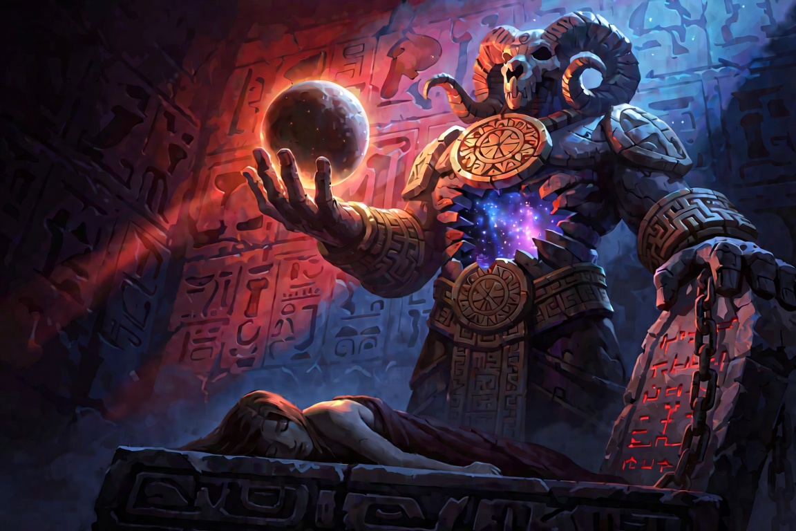An androgynous colossal stone temple oracle with a horned ram skull and a jagged chest cavity revealing a starry galaxy st...