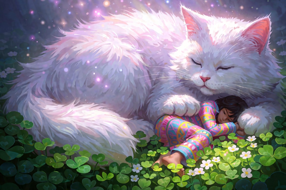 A female colossal domestic cat with massive fluffy white fur and soft pink inner ears curls around a sleeping figure in vi...
