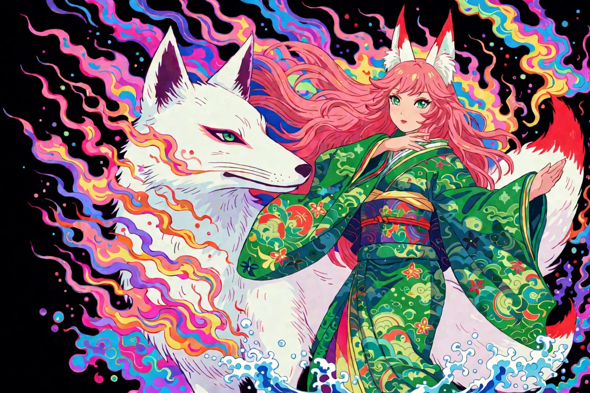 A female kitsune shrine dancer with flowing pink hair,  bright green eyes,  white fox ears on Tensor.Art
