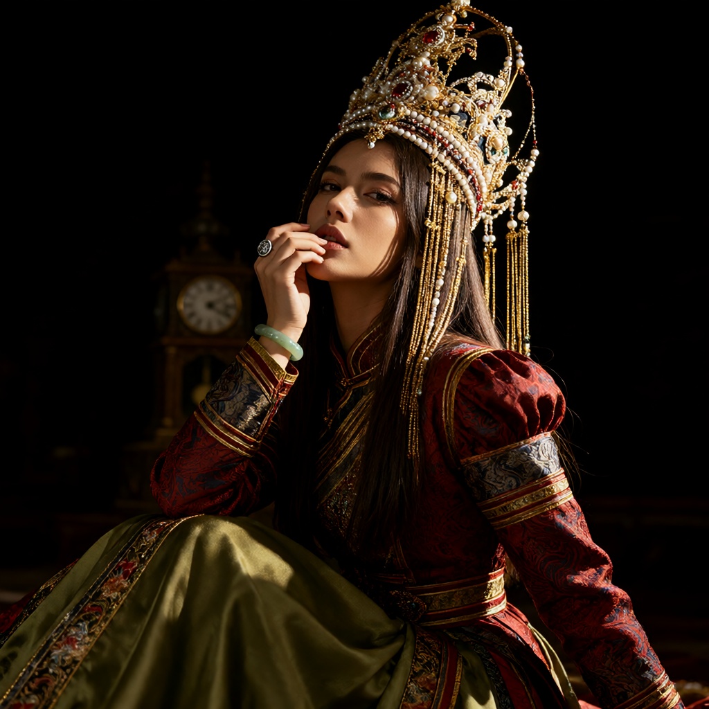 Subject: The subject is a young woman elegantly posed in a lavish,  highly detailed traditional East Asian or Mongolian-in...