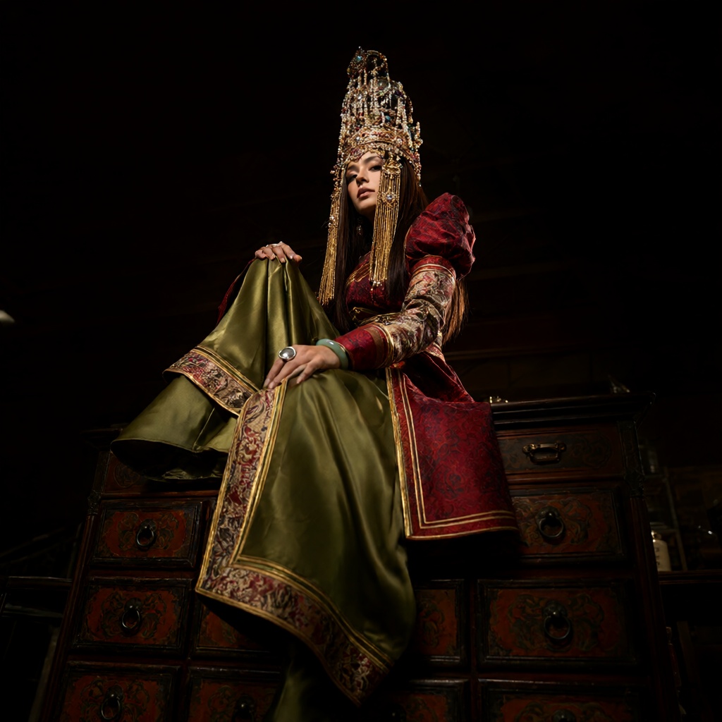 Subject: The subject is a young woman elegantly posed in a lavish,  highly detailed traditional East Asian or Mongolian-in...