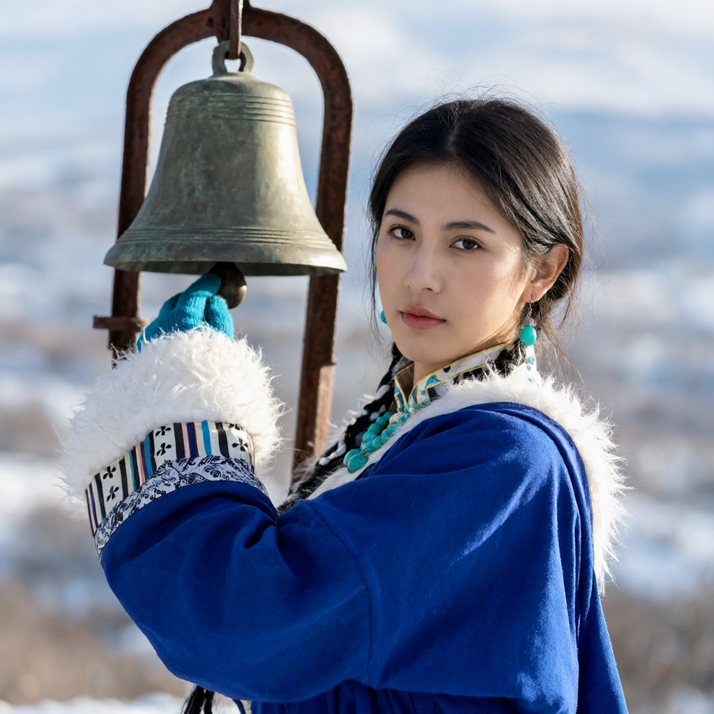 Framed closely in a soft-focus half-body perspective during a crisp winter afternoon,  the subject poses beside a weathere...