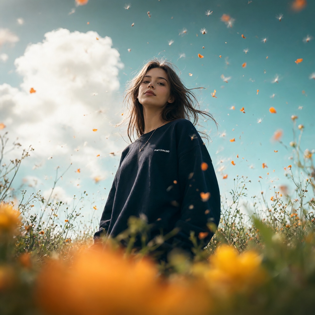 Photorealistic cinematic photo,  3:4 vertical frame,  shooting from a very low point among grass and wildflowers (worm's-e...