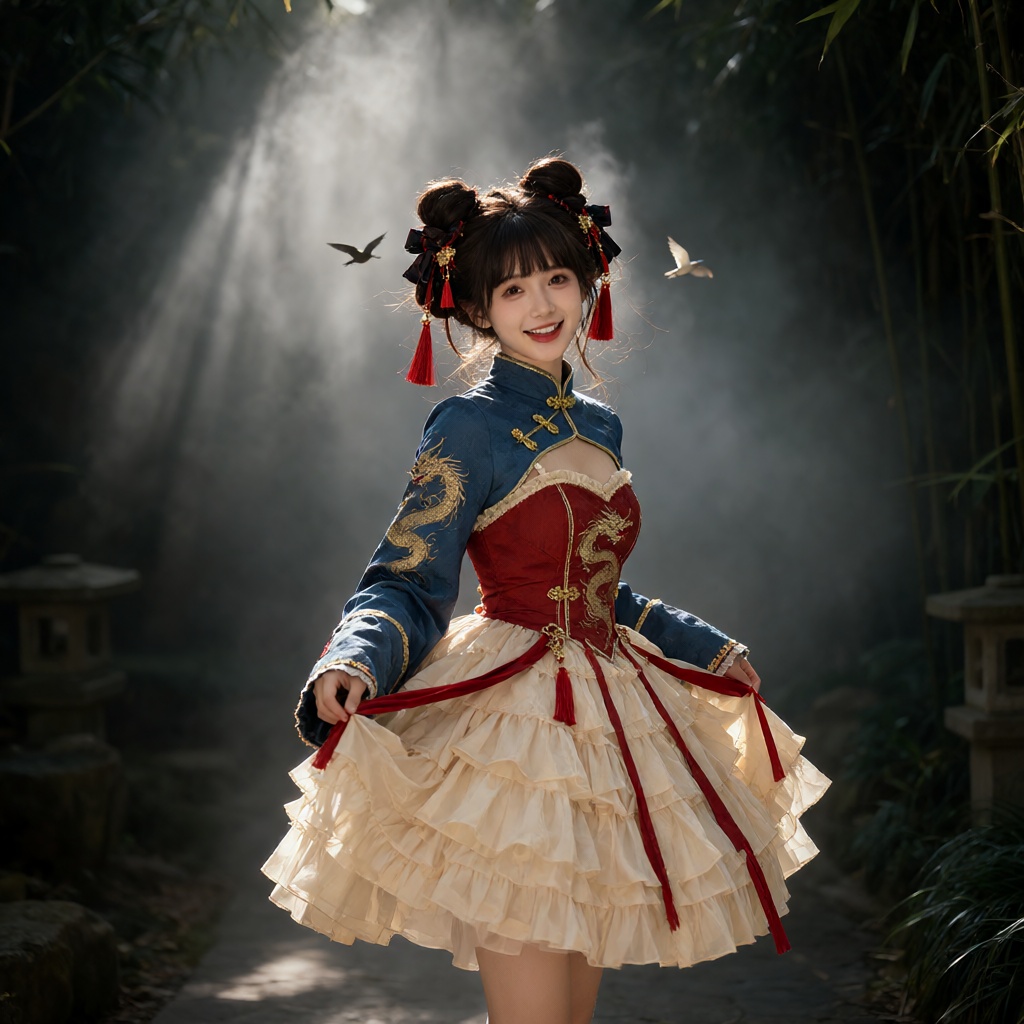 Subject: The subject is a young woman wearing an elegant,  stylized Qi Lolita fashion dress,  posing joyfully outdoors wit...