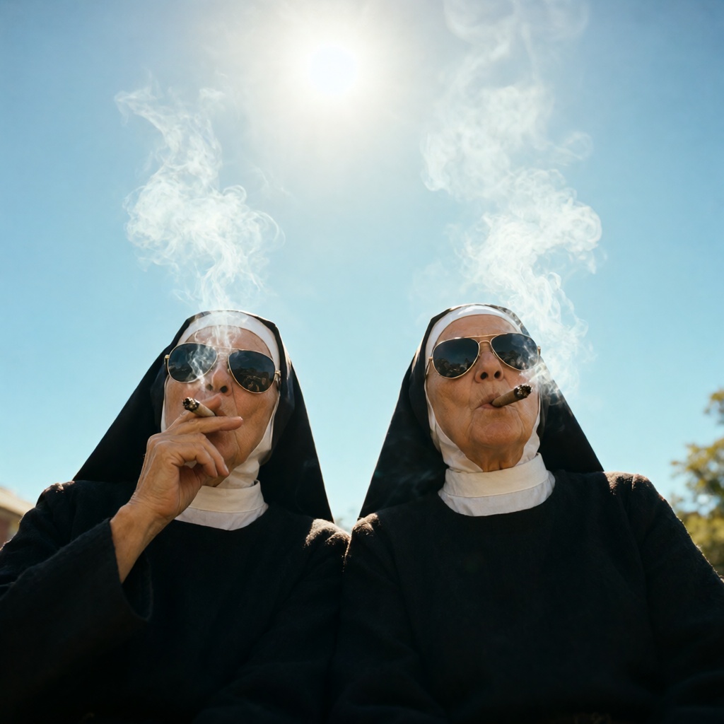 A low-angle rebellious raw photo of two elderly nuns wearing cool dark aviator sunglasses and traditional black habits wit...