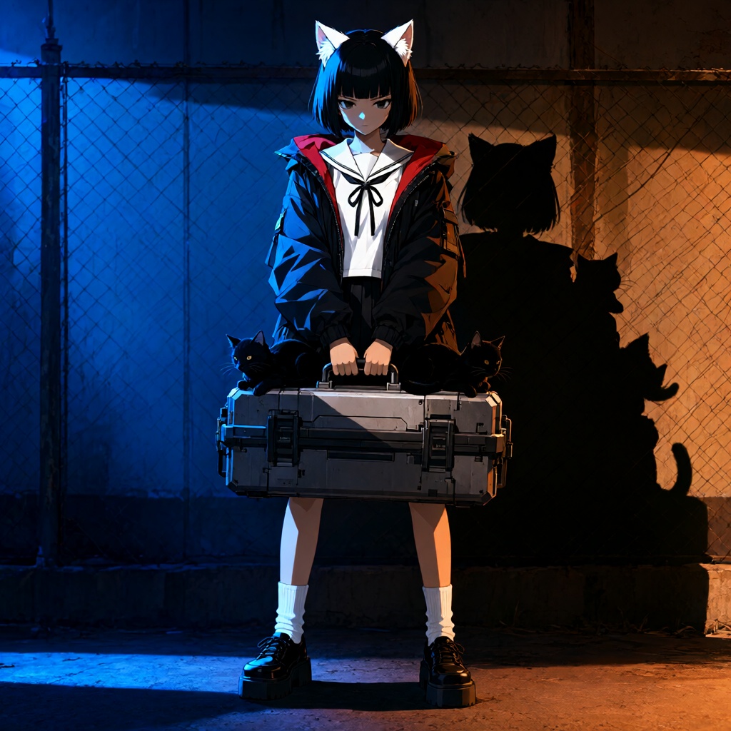 Subject: The subject is a young anime-style woman standing outdoors in a weathered urban landscape while holding a heavy,...