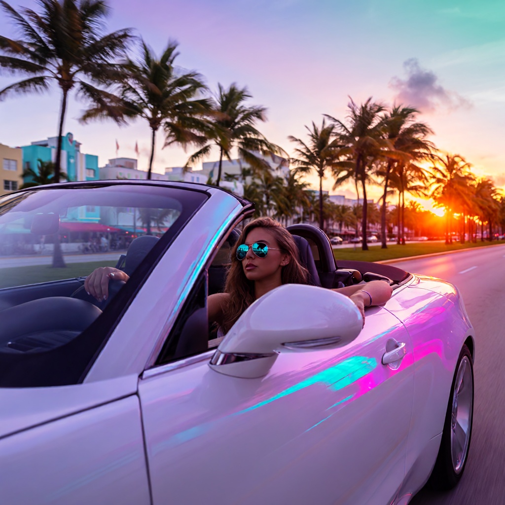young woman driving a sleek white convertible along a palm-lined coastal highway at sunset,  one hand resting casually on...
