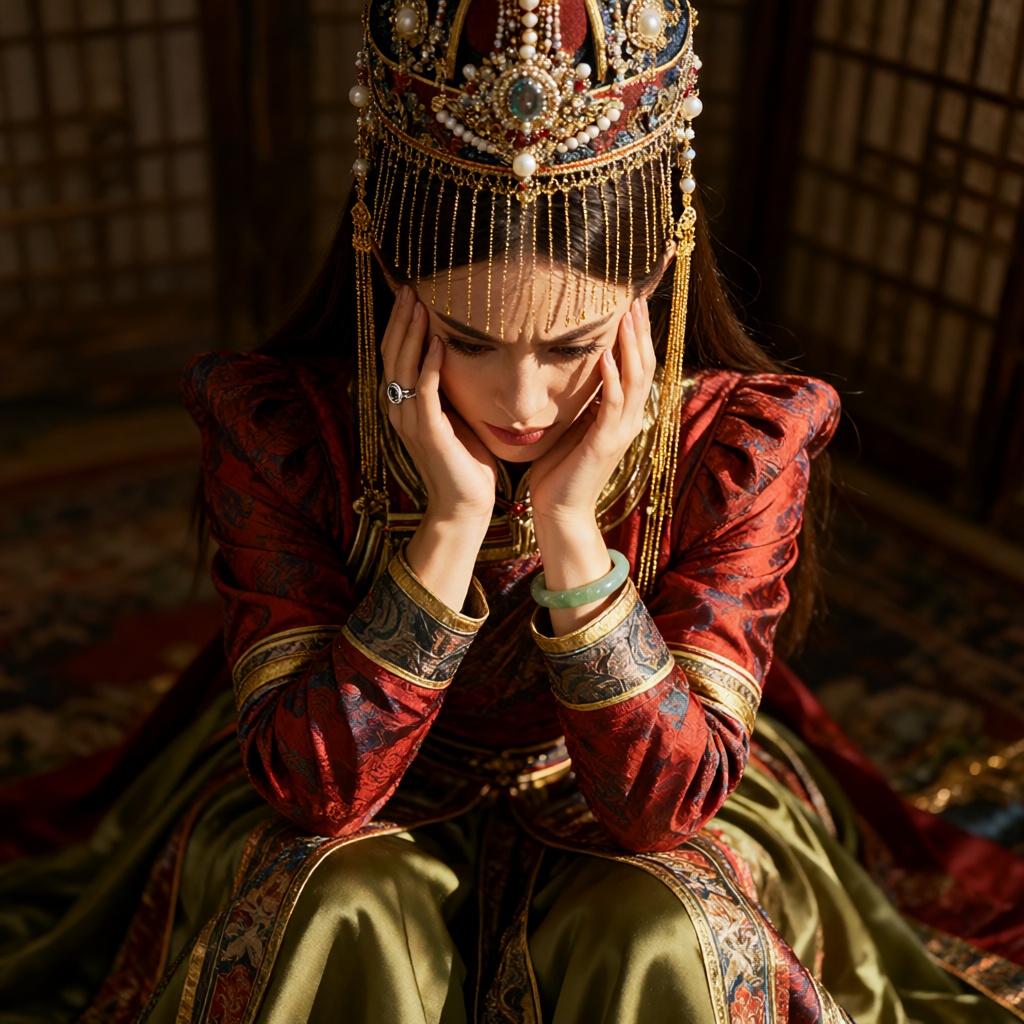 Subject: The subject is a young woman elegantly posed in a lavish,  highly detailed traditional East Asian or Mongolian-in...