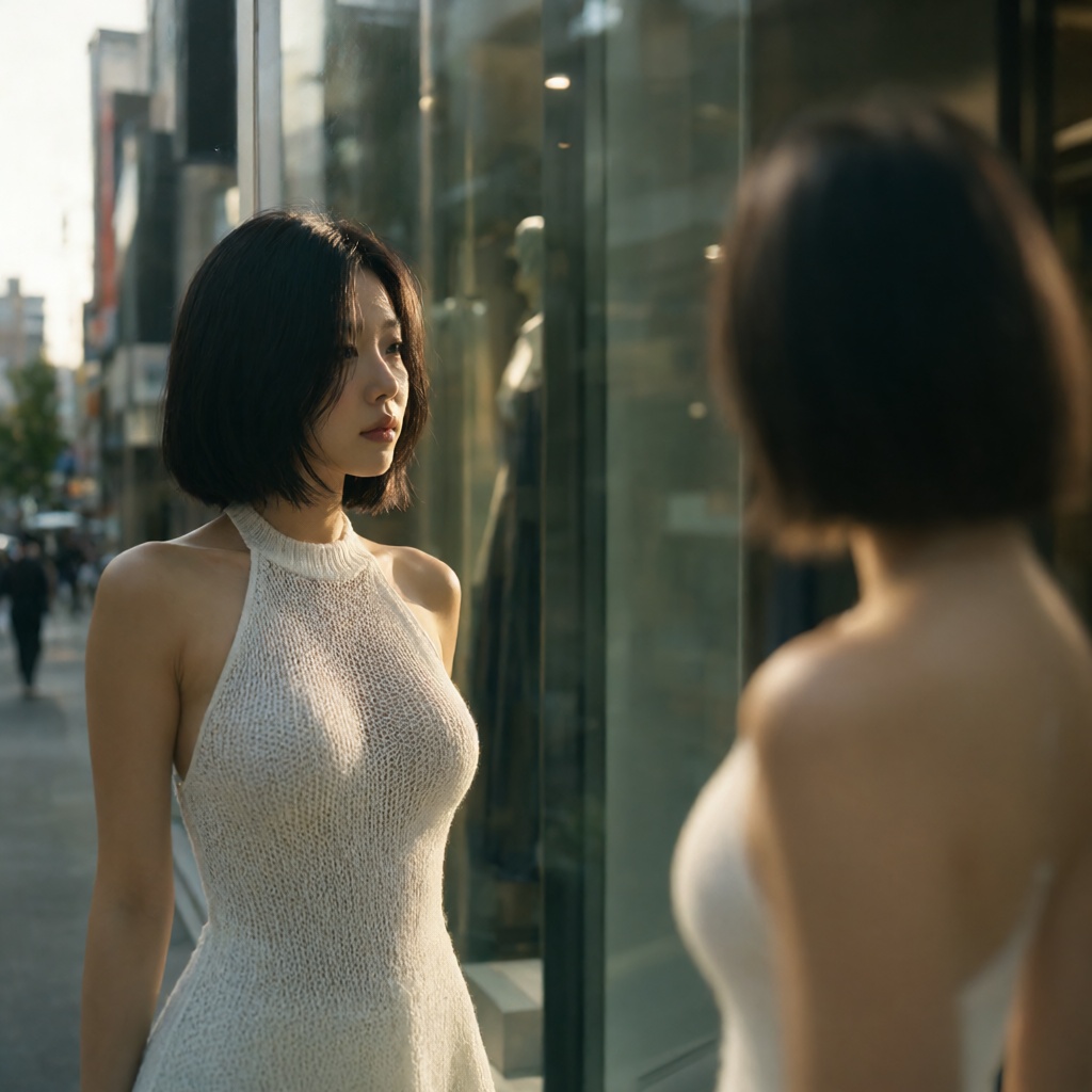 An aesthetic low angle front view cloes-up portrait shot of the reflection of a Korean lady standing on a large shop windo...