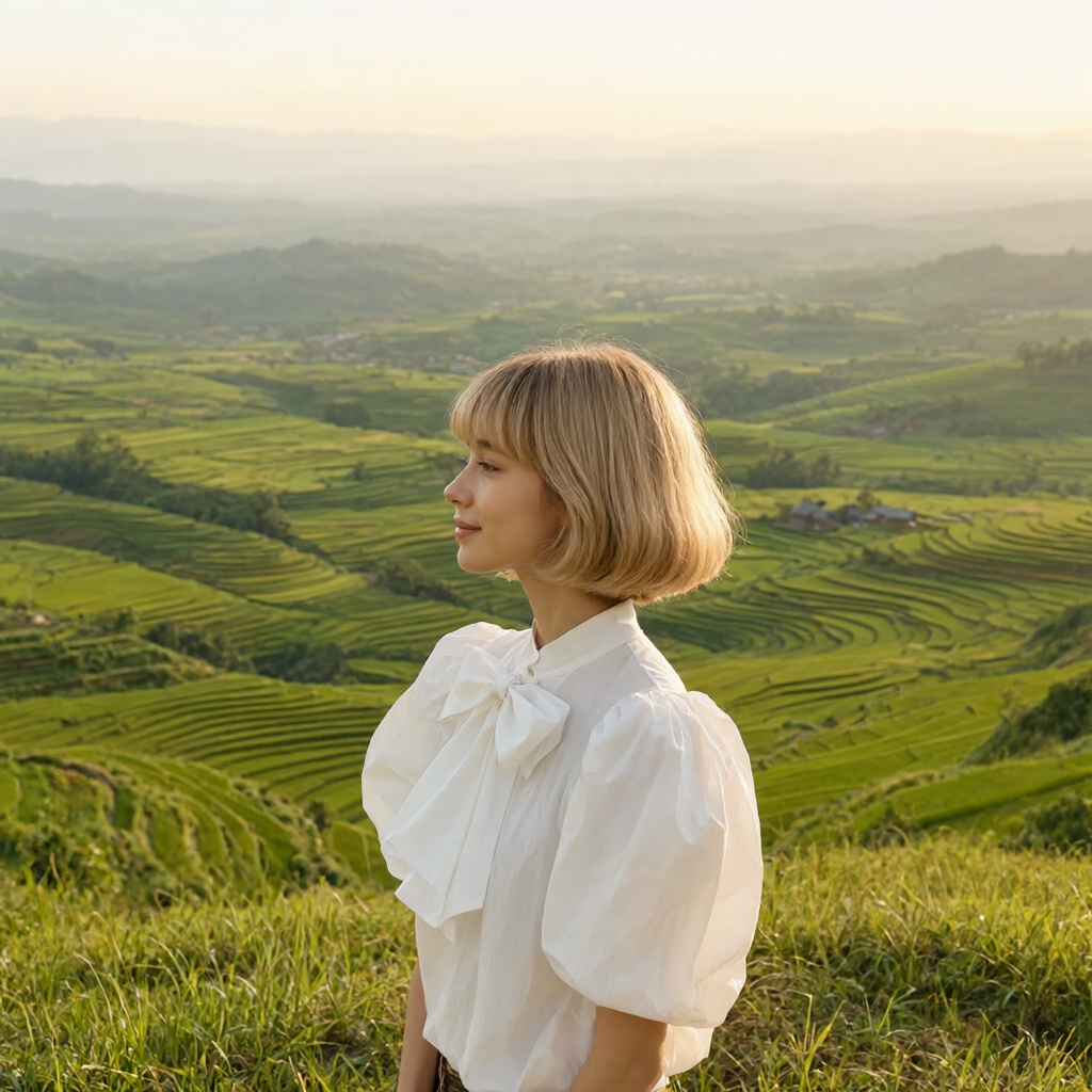A young woman with a soft blonde bob and bangs stands on a grassy hill overlooking a vast valley of terraced rice fields....