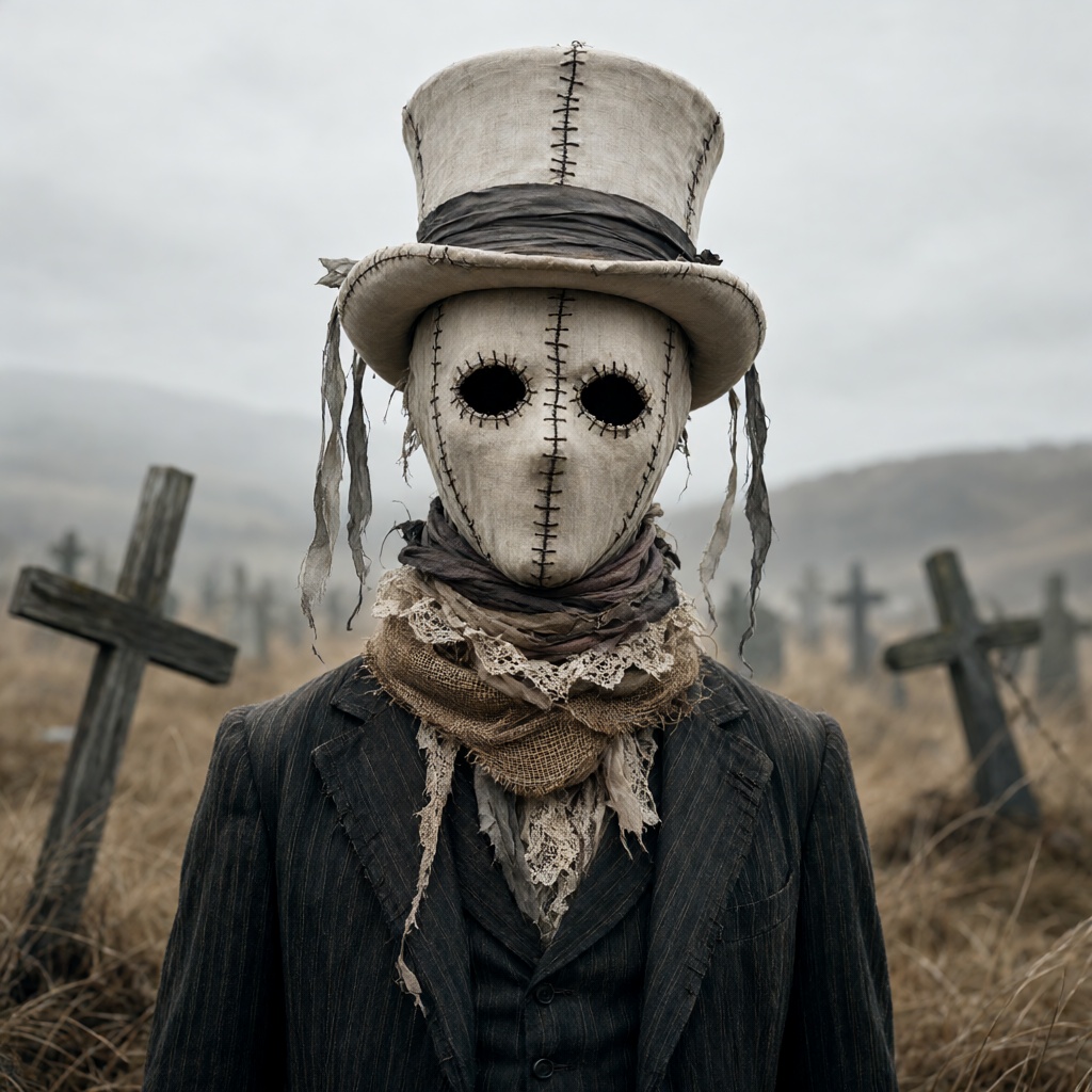 A tall faceless undertaker wearing a stitched linen mask with hollow black eyes,  a pale torn top hat,  frayed ribbons on...