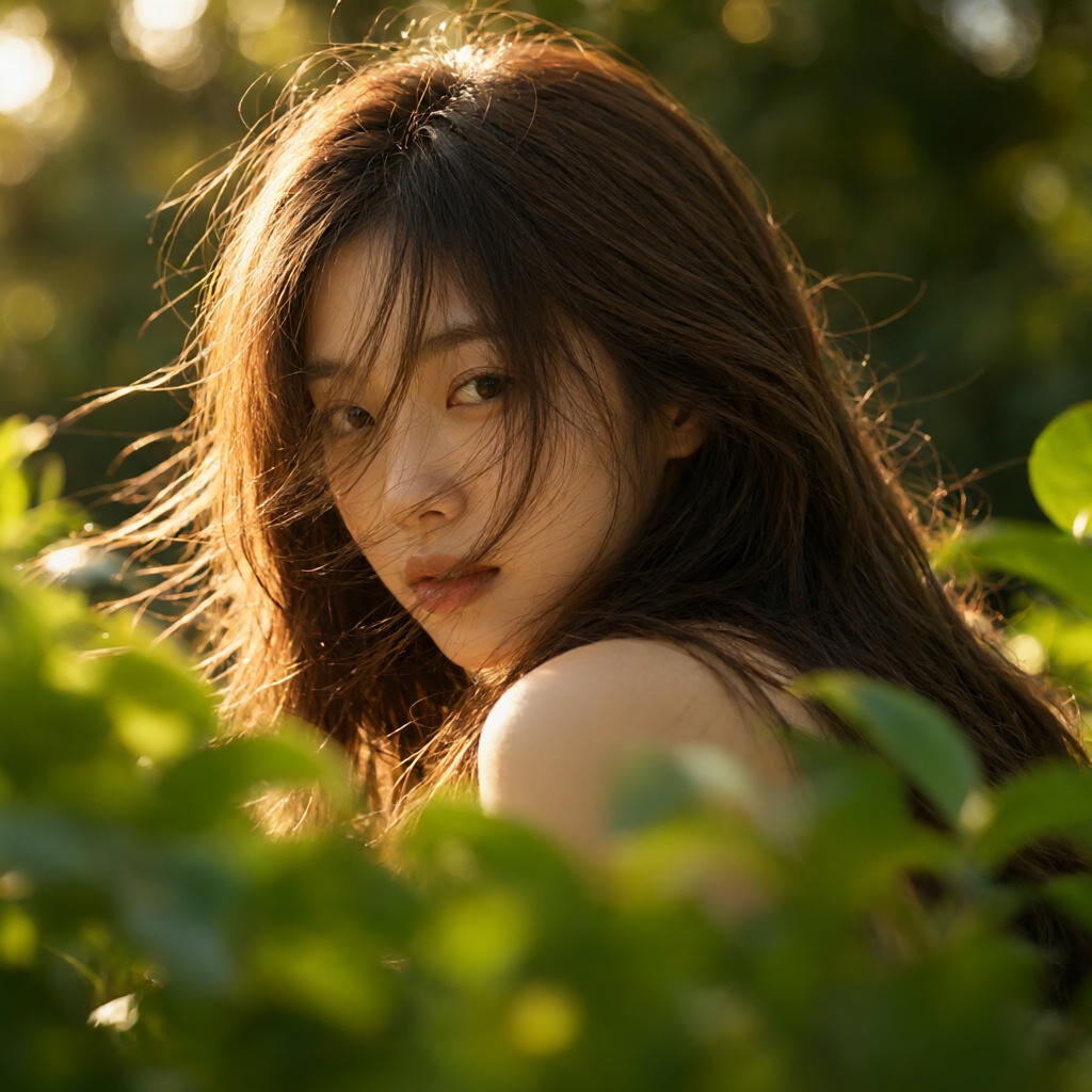 a realistic image of a young East Asian woman with long,  layered brown hair,  captured in an intimate close-up portrait p...