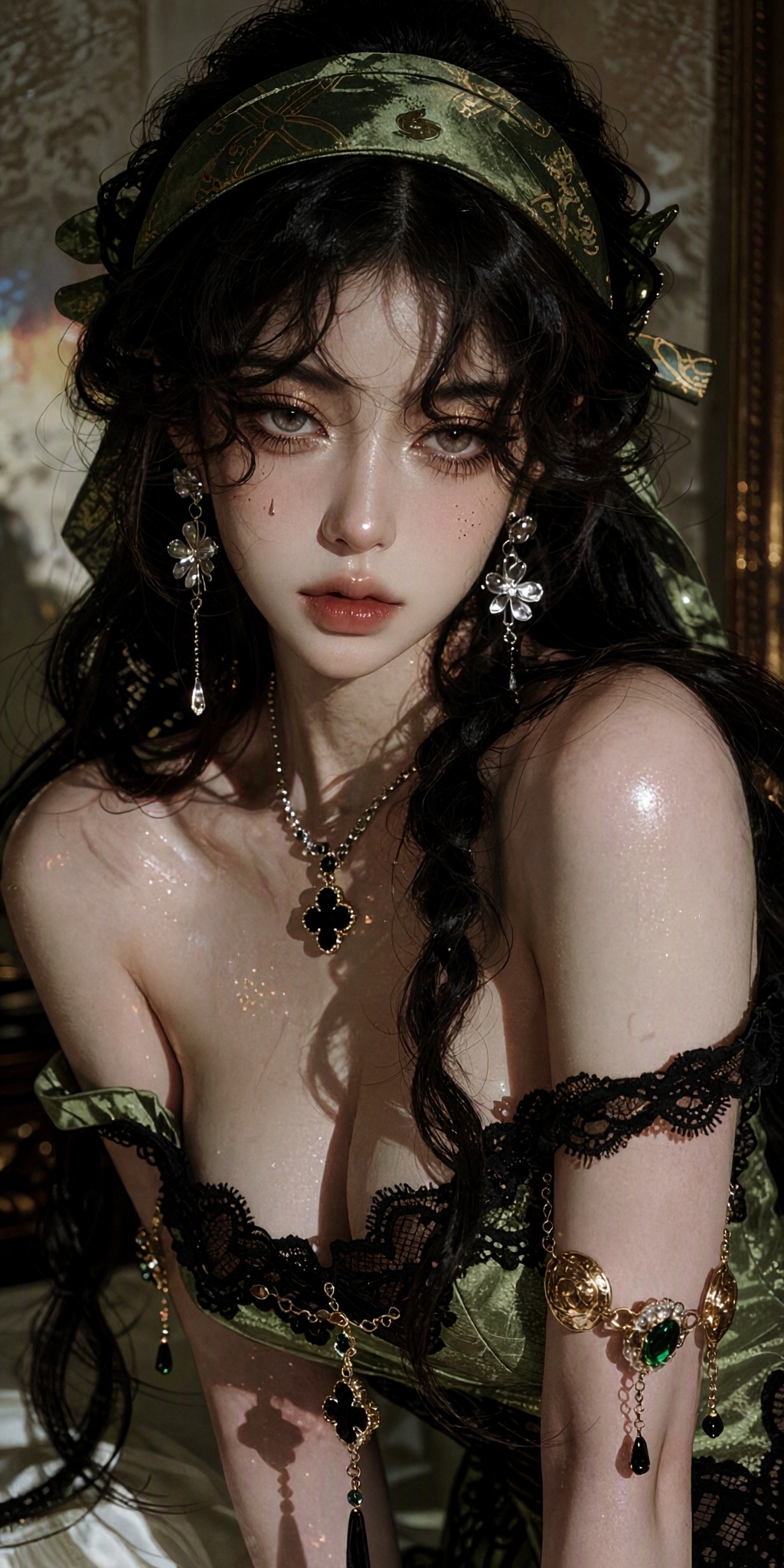 An intimate and captivating hyperrealistic portrait of a stunning young woman with cascading dark curly hair,  accented by...