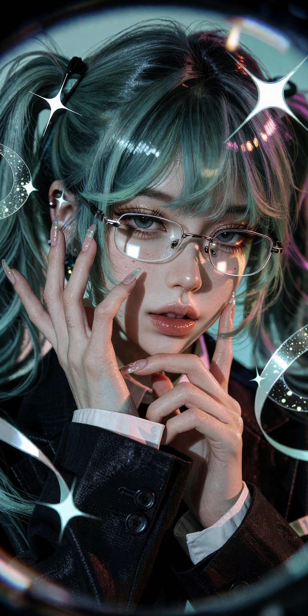 A hyper-realistic,  photographically rendered portrait of a young woman framed within a soft circular vignette,  as if vie...
