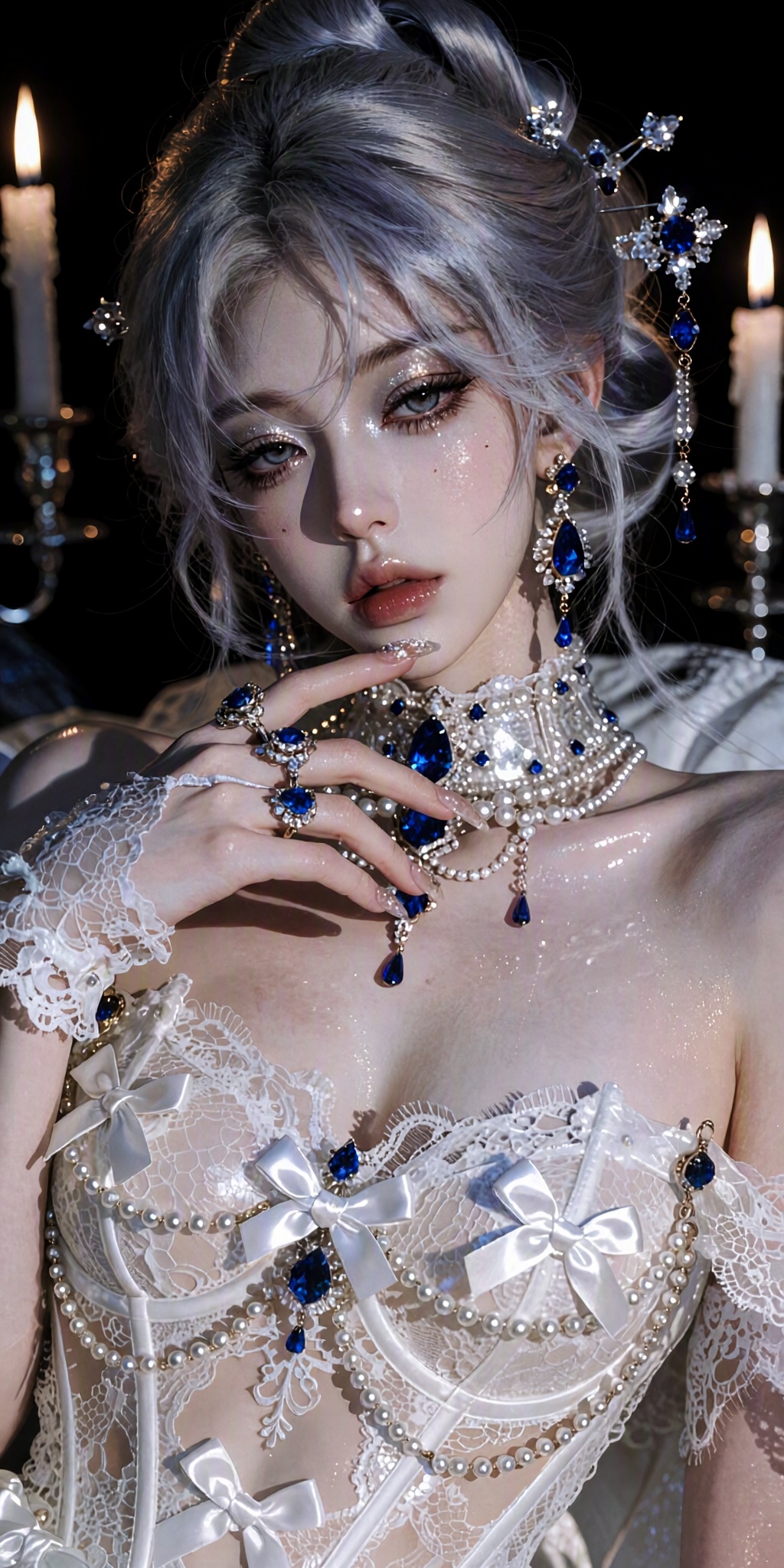 An exquisite and mesmerizing portrait of a breathtakingly beautiful young woman with ethereal silver-lavender hair elegant...