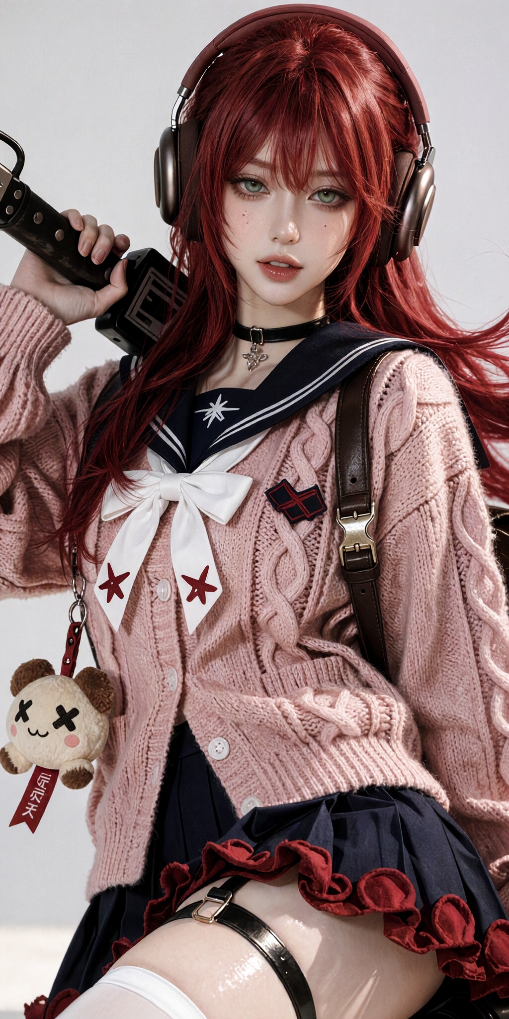 A hyper-realistic photographic portrait of a young woman with vibrant crimson-red hair,  straight-cut bangs framing her fo...