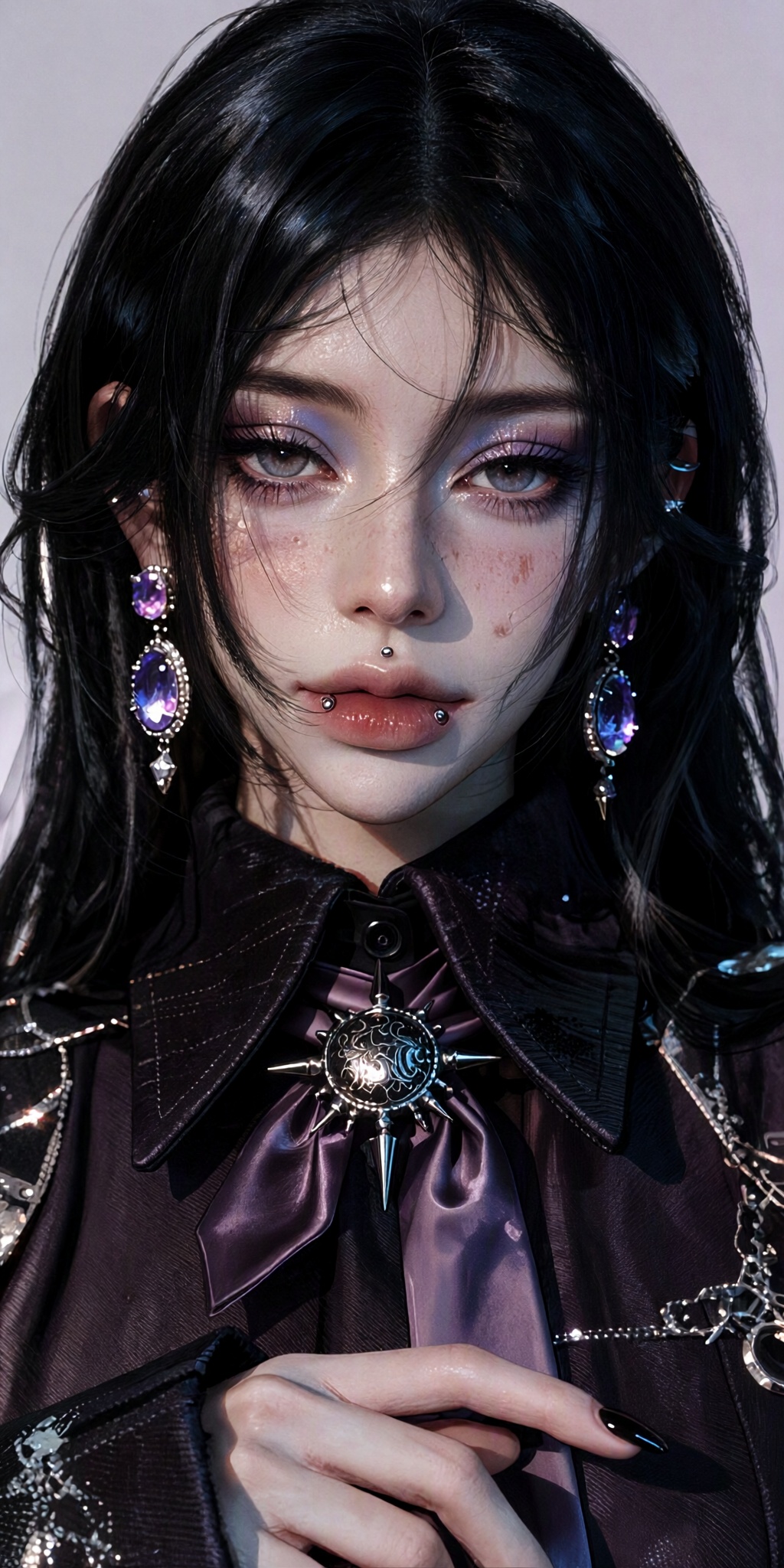 A hyper-realistic,  photographic portrait of a poised woman with long,  glossy raven-black hair cascading past her shoulde...