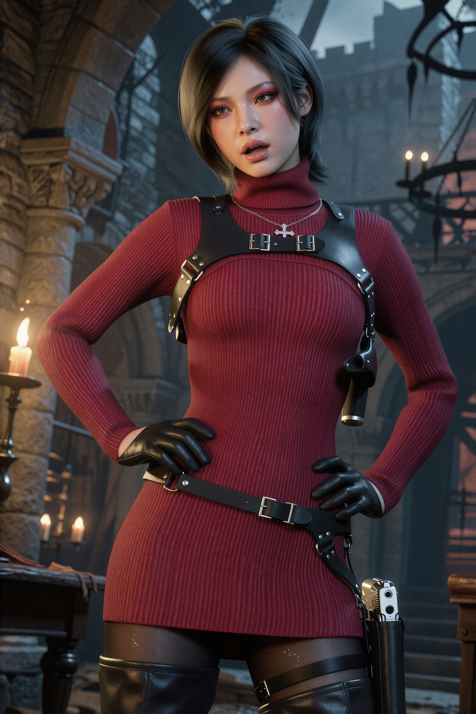 3d render. Vv.LXVIII - RE4R-AW,  she is wearing a silver Catholic Cross necklace,  pale skin on Tensor.Art