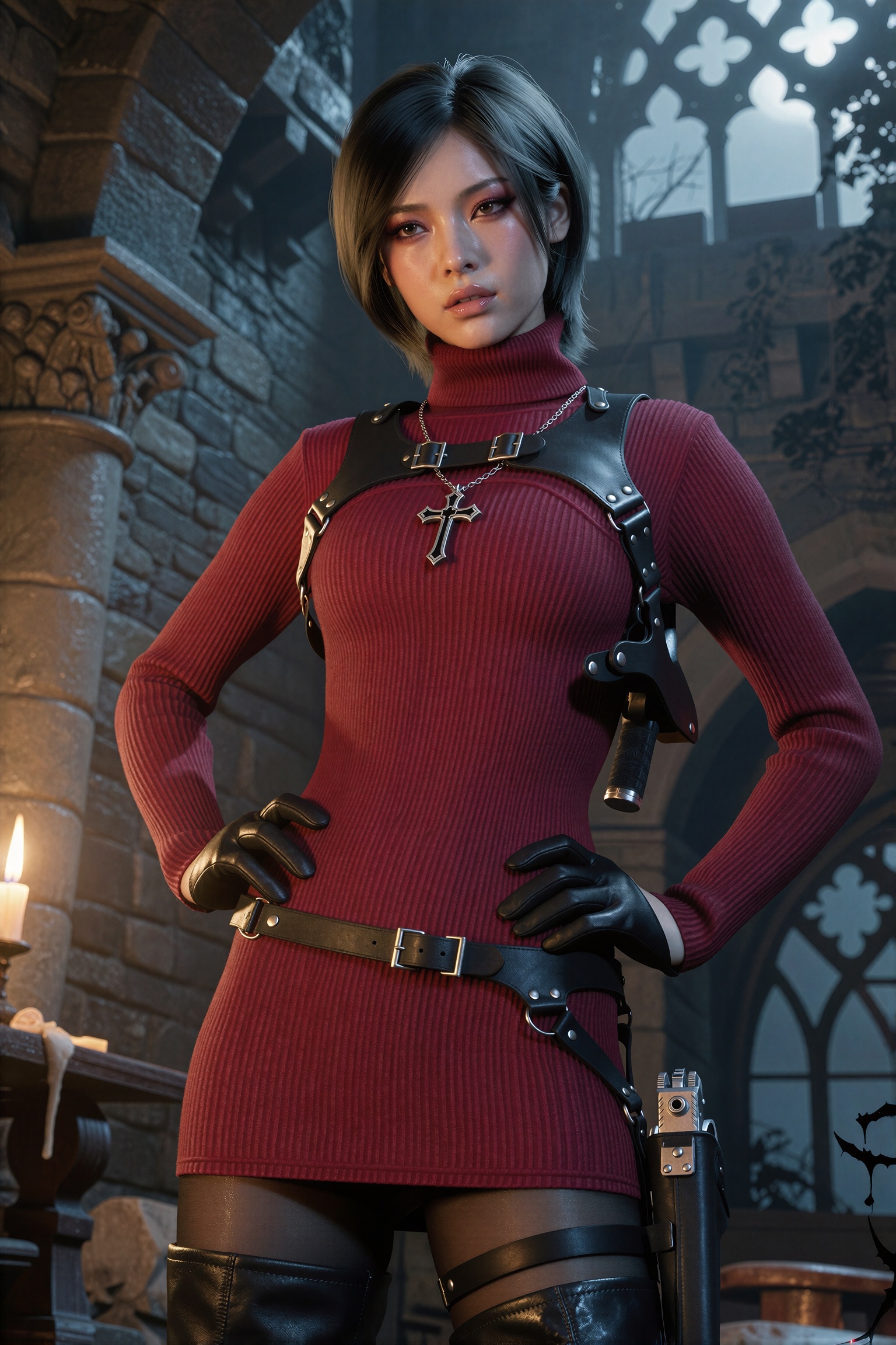 Photorealistic. realism. raw. Vv.LXVIII - RE4R-AW,  she is wearing a silver Catholic Cross necklace,  pale skin on Tensor.Art