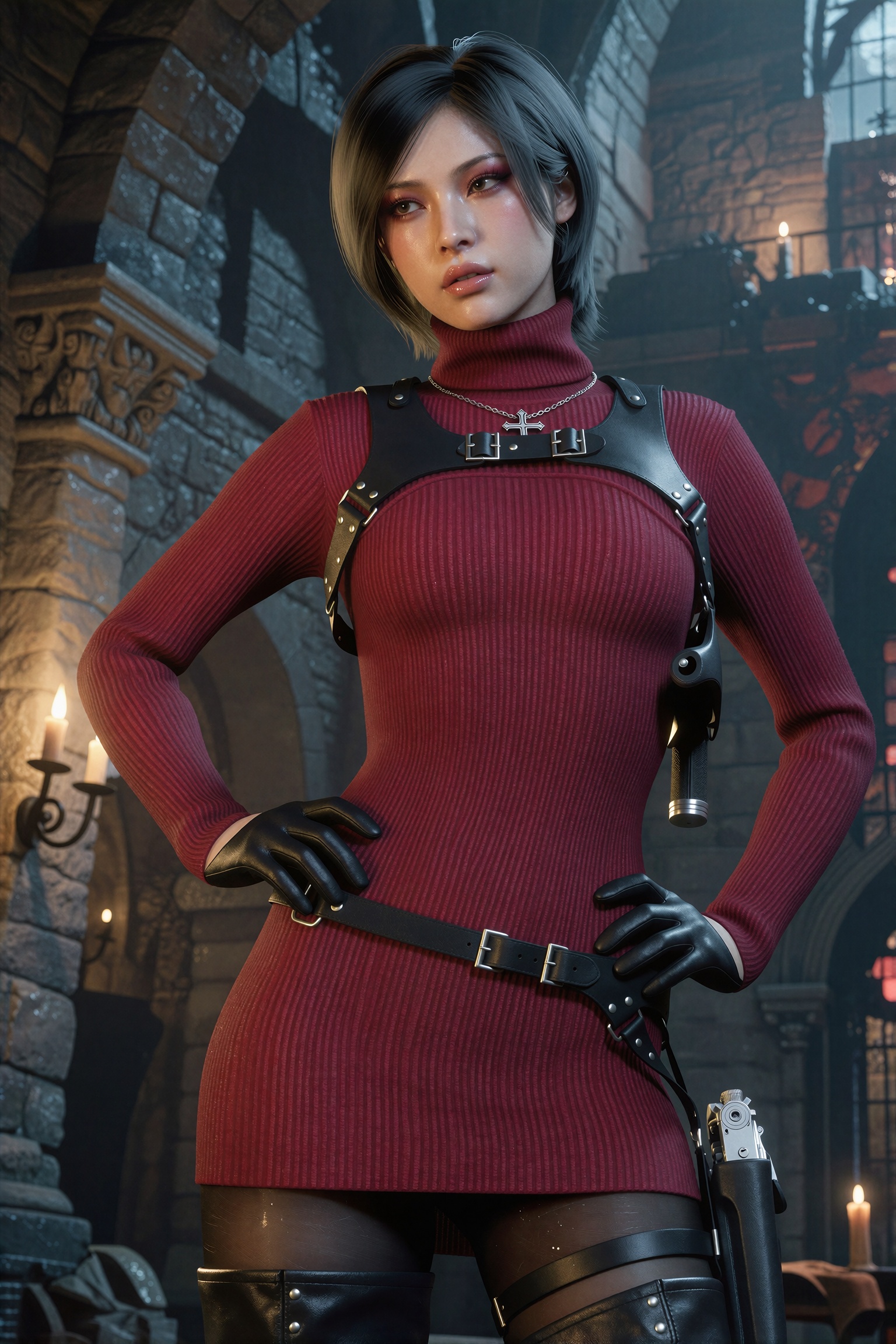 3d render. Vv.LXVIII - RE4R-AW,  she is wearing a silver Catholic Cross necklace,  pale skin on Tensor.Art