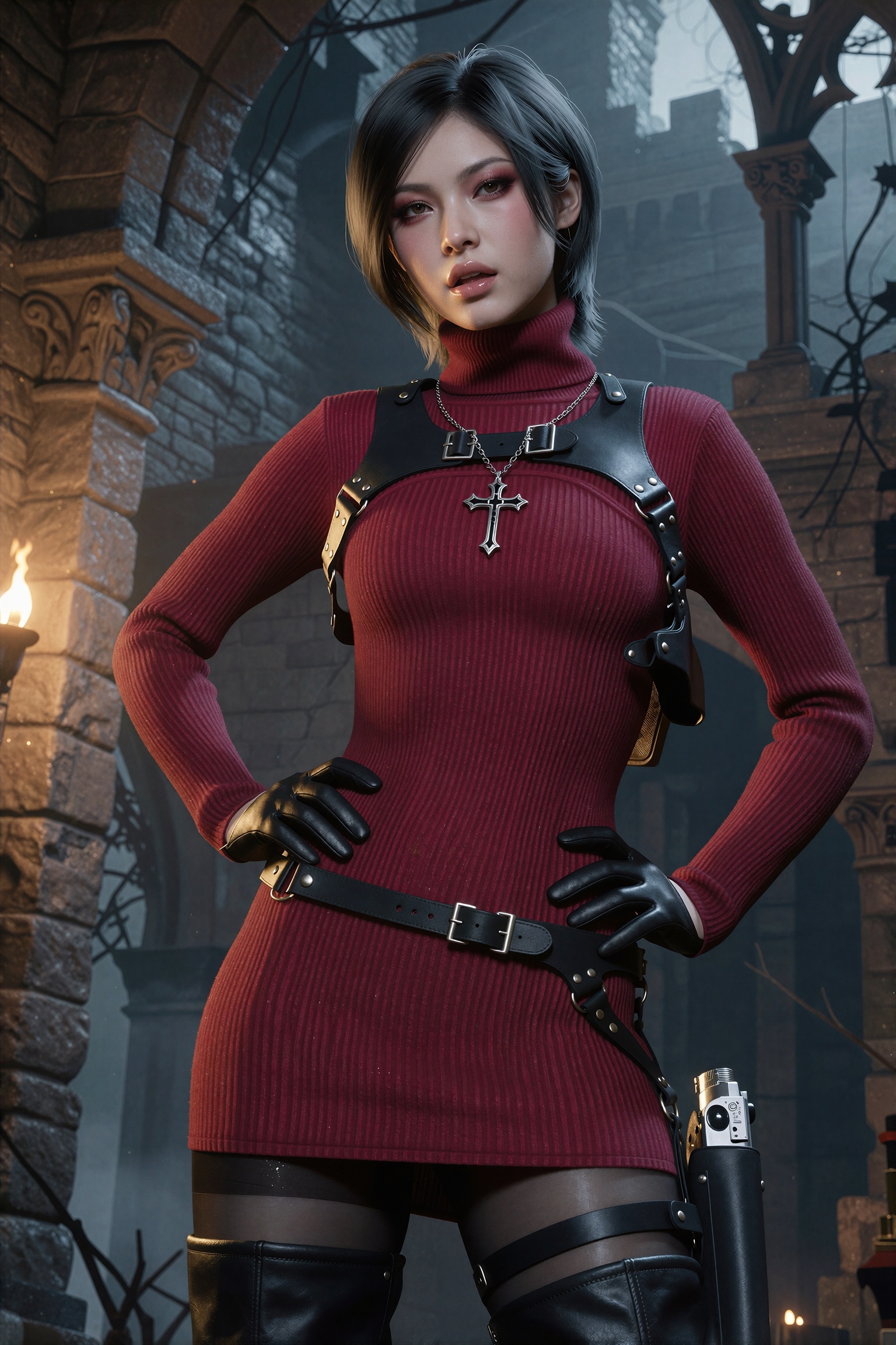 Photorealistic. realism. raw. Vv.LXVIII - RE4R-AW,  she is wearing a silver Catholic Cross necklace,  pale skin on Tensor.Art